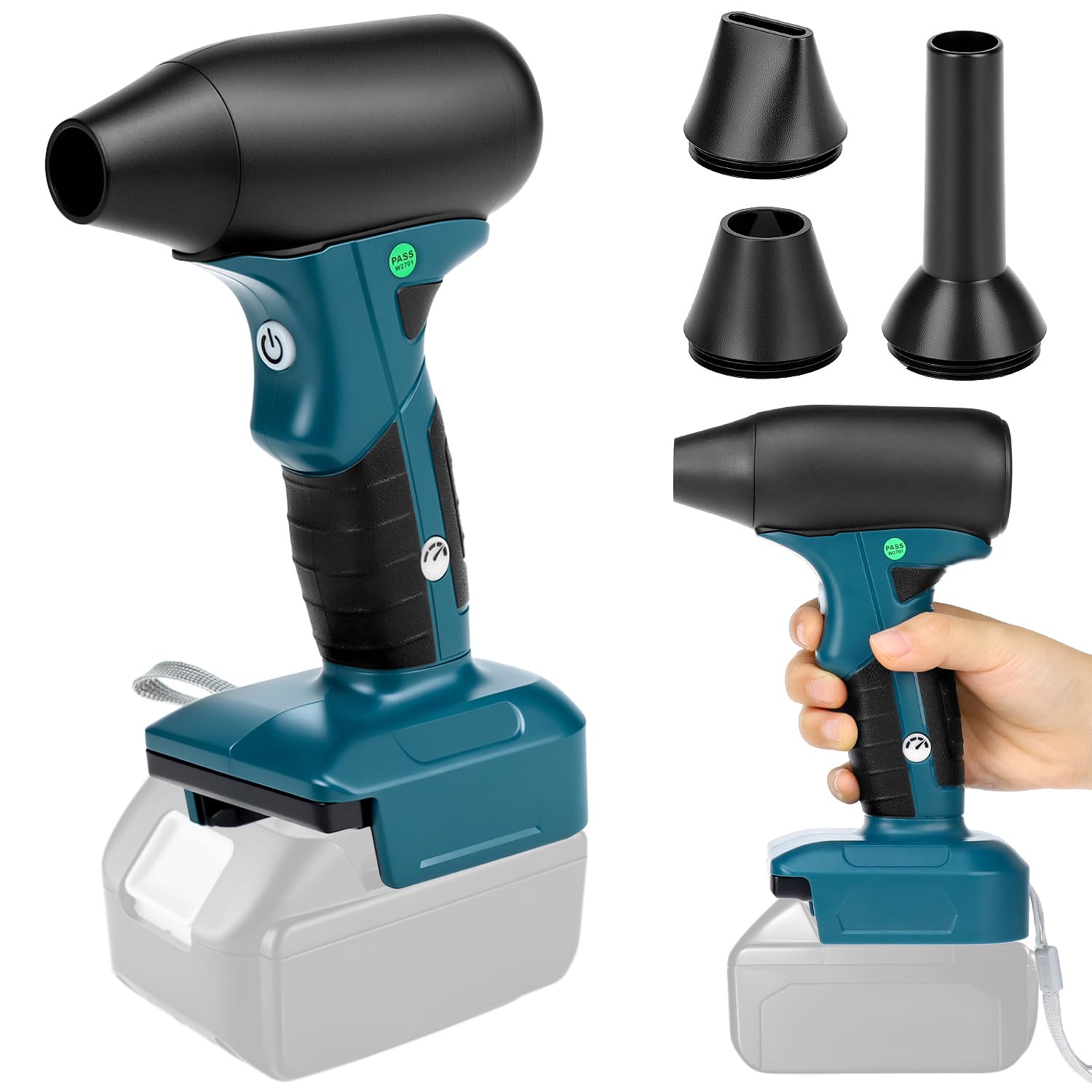 QWORK® Tragbarer Gebläse, Laubbläser Jet Fan Gebläse, Bürstenloser mit 2 Düsen, Kompatibel mit Makita 18V Akku (Ohne Akku)