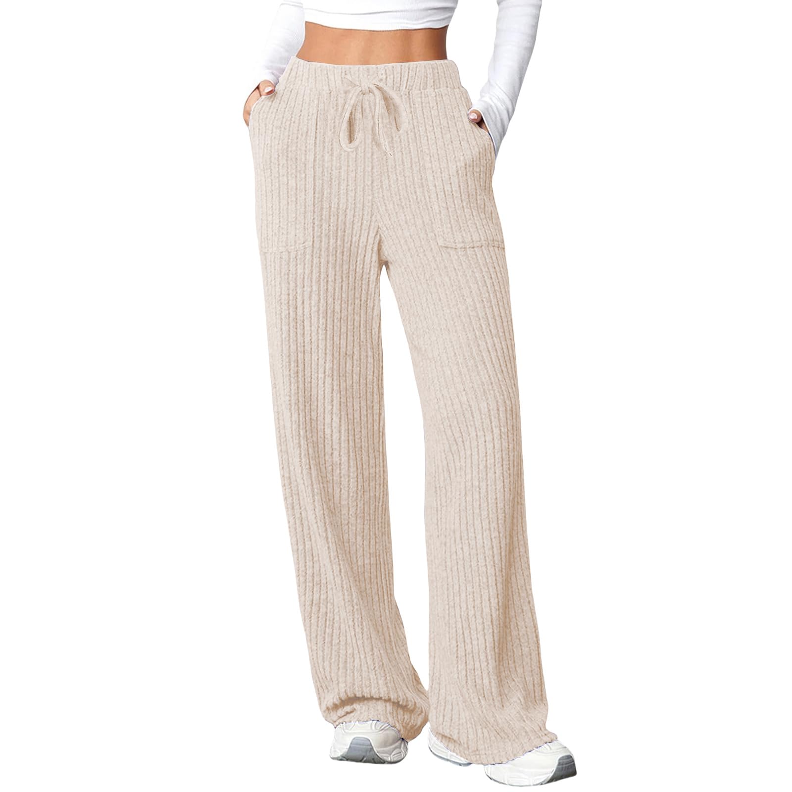 Womens Lounge Pants Ribbed Knit Wide Leg Pants High Casual Elastic Waist Loose Drawstring Sweatpants with Pockets