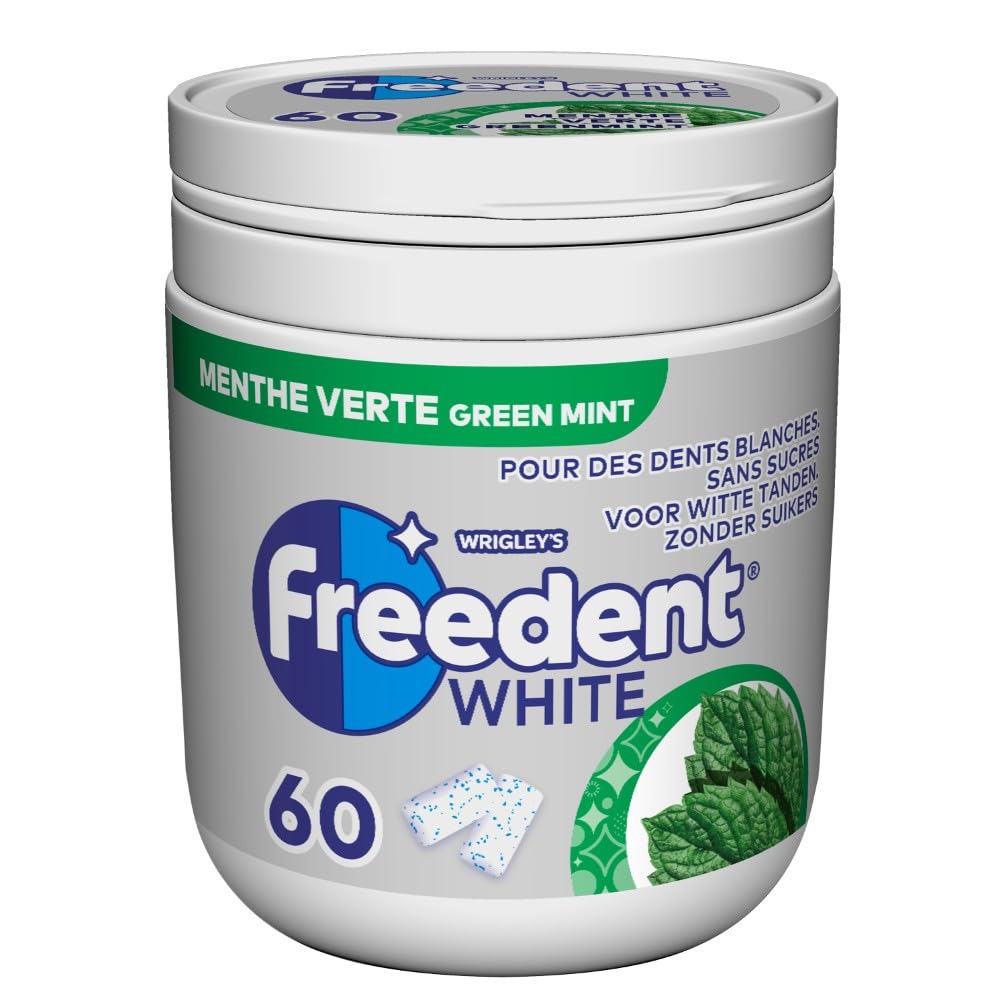 FREEDENT WHITE Chewing Gum Sans Sucre Goût Menthe Verte 1 Boîte 60 Dragées Grand Format