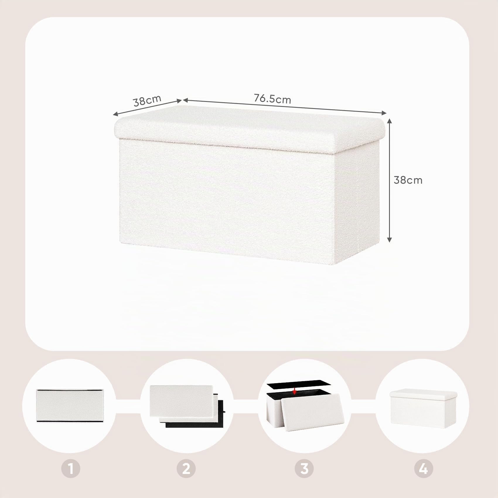PINPLUS Panca Contenitore Pieghevole in Tessuto Peluche, Puff con Ampio Vano, Poggiapiedi Comodo per Camera, Salotto e Ingresso, 76.5x38x38 cm, Bianco