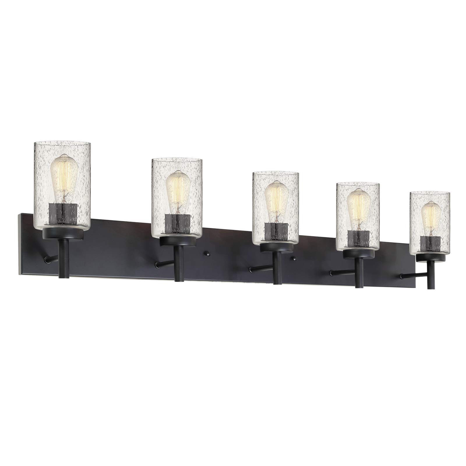 VINLUZModern 5-Light Bathroom Vanity Light Fixtures Black with Seedy Glass Shade Farmhouse Wall Lighting over Mirror Industrial Wall Mount Sconces for Bedroom Living Room Hallway