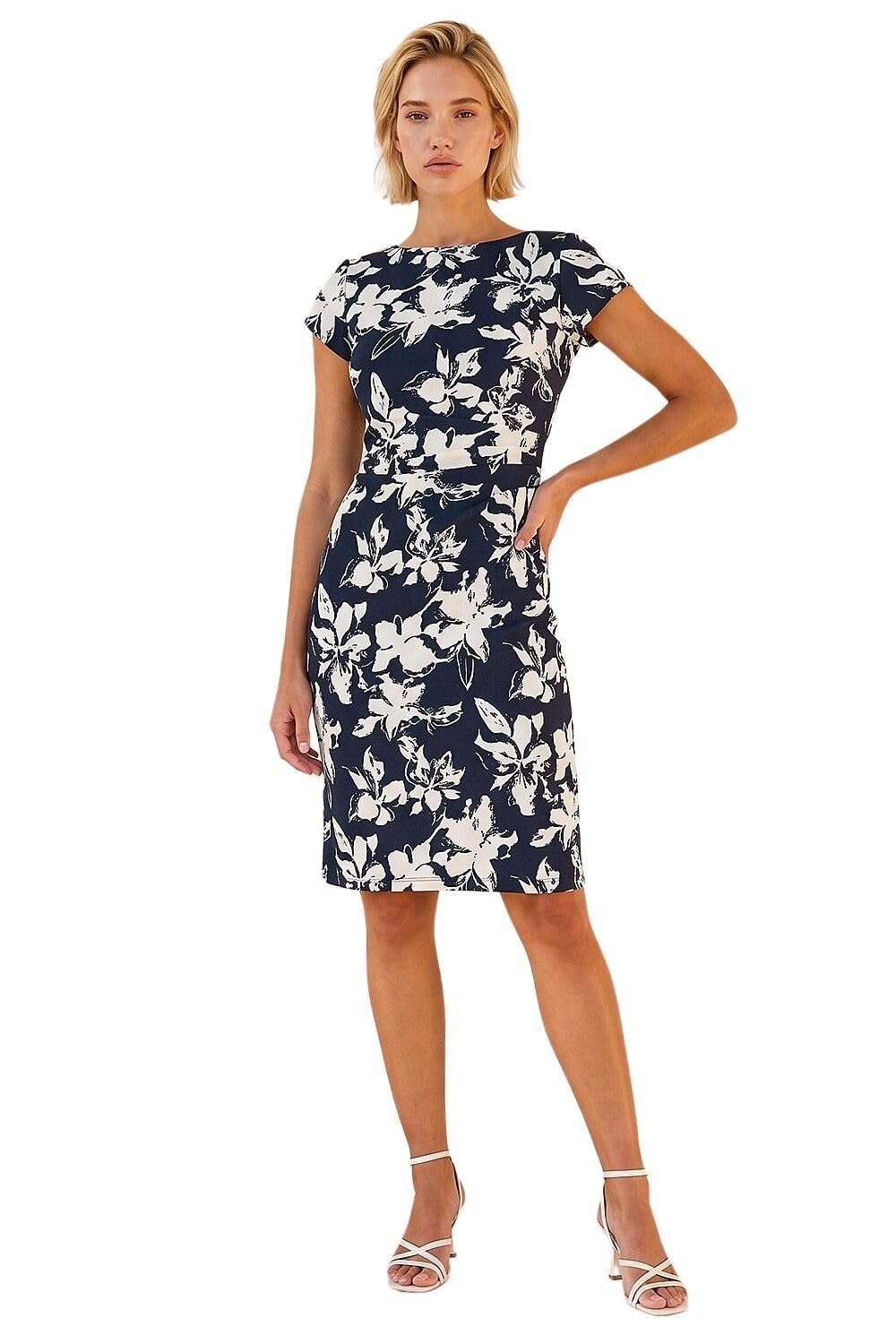 Roman Women's Navy Floral Gathered Shift Dress In Size 18