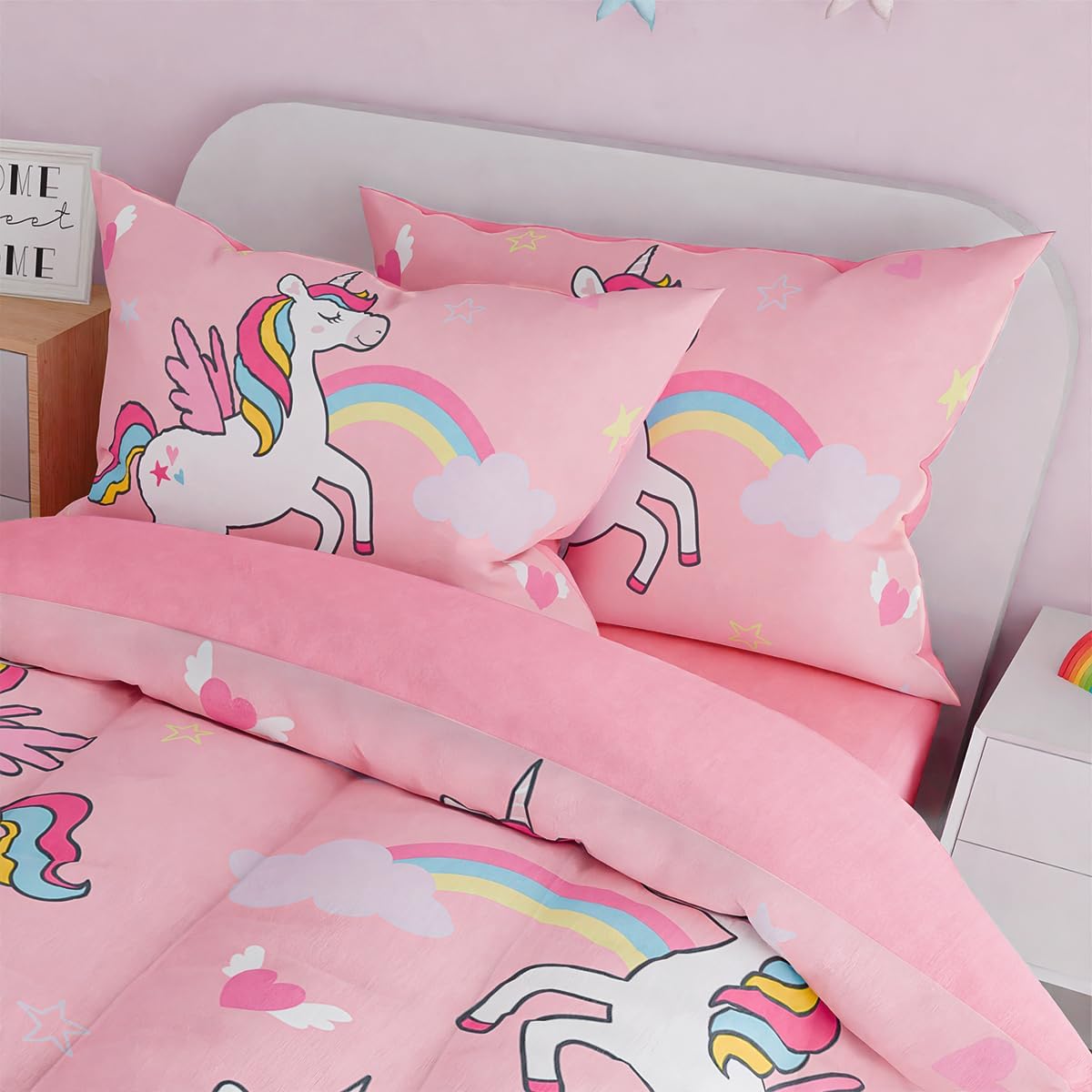 SANDJEST Unicorns Bedding Full Set for Girls Kids Children, Ultra Soft Microfiber Comforter Set with 4-Pieces, Comforters Bed Sets Bedroom Decor