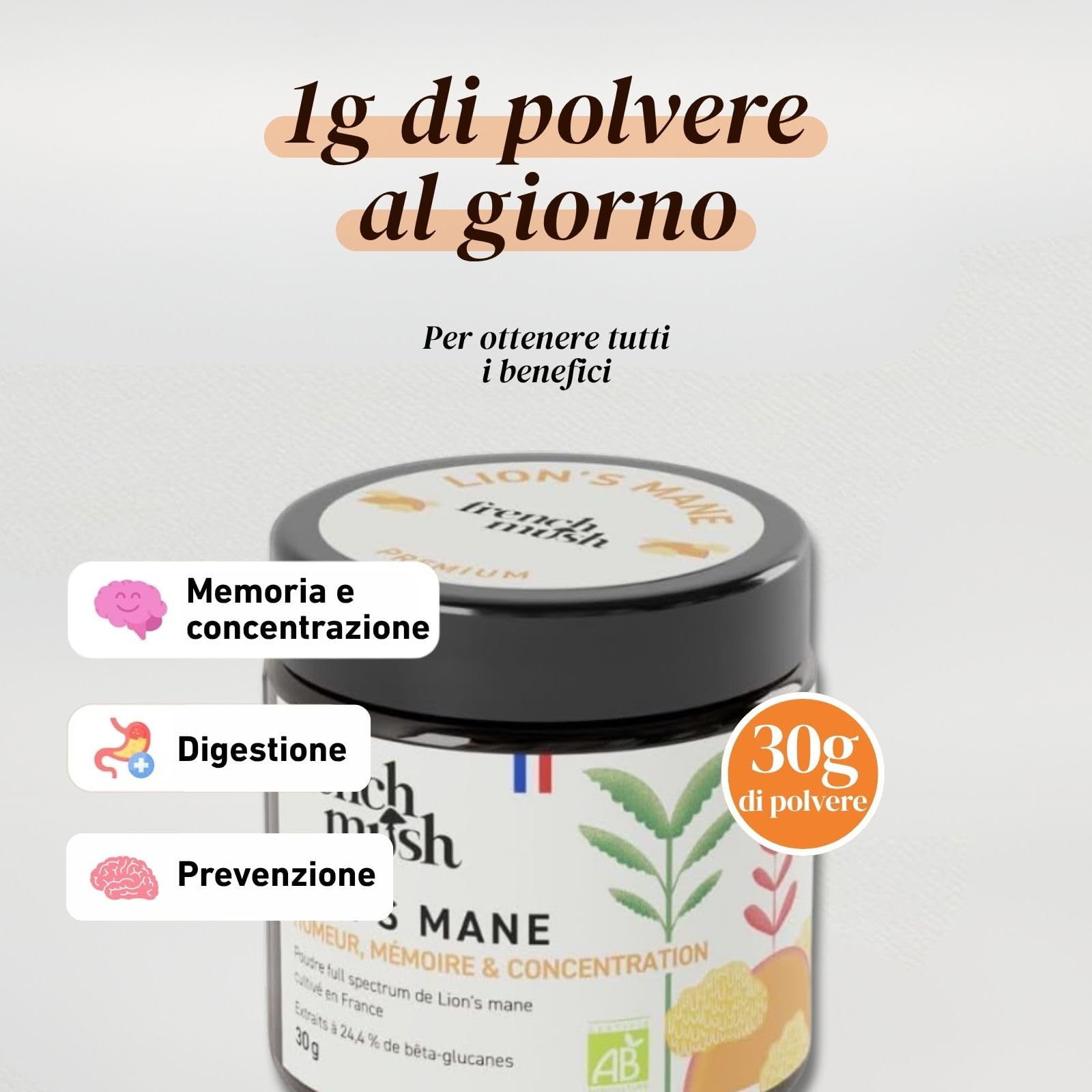 French Mush Lion's Mane Bio in Polvere - 30 g | Umore, Criniera di Leone, Hericium erinaceus, Si Mescola alle Bevande, Testato in Laboratorio, Prodotto in Francia