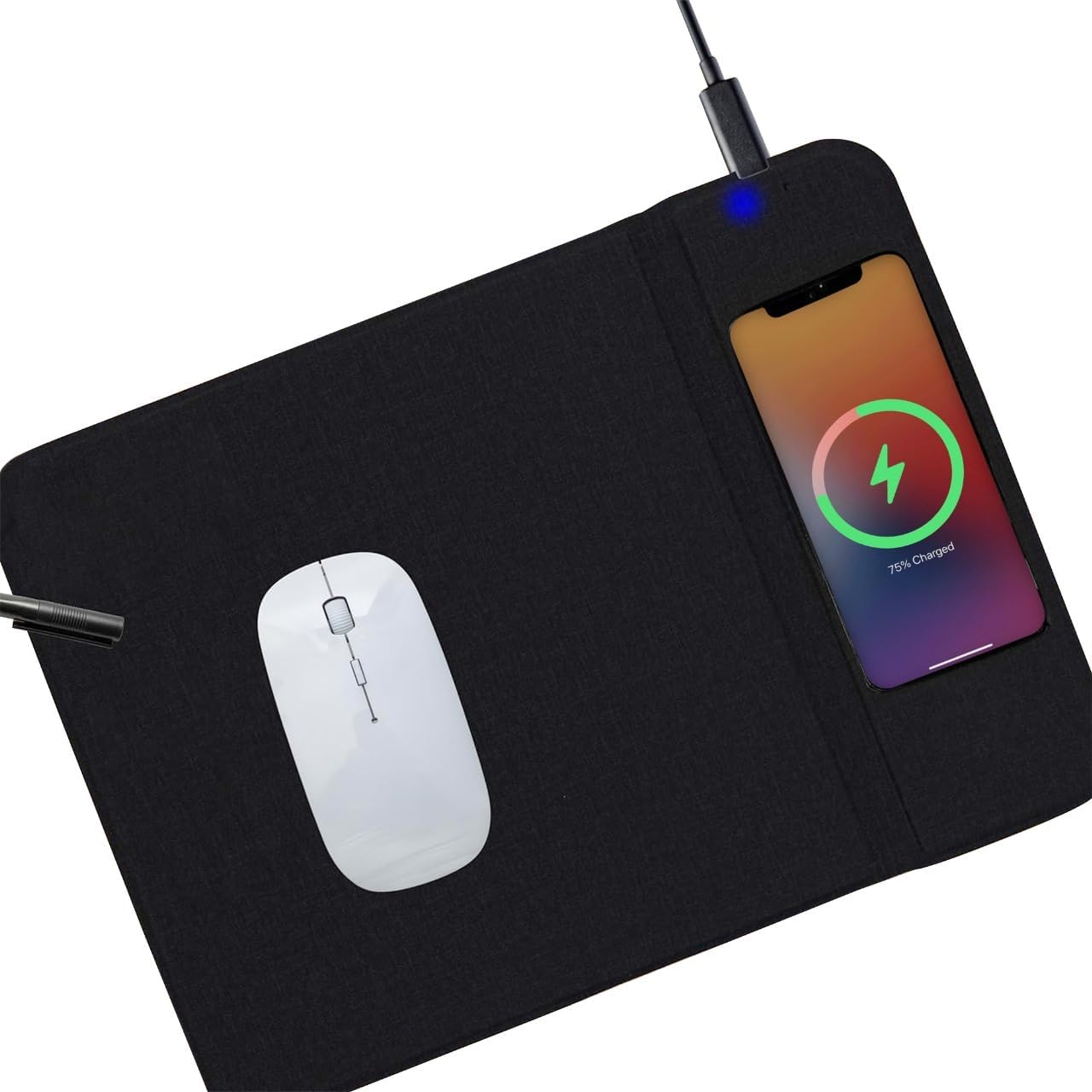 CIAO TECH 3-in-1 Wireless Charging Mouse Pad with a white mouse and a smartphone charging
