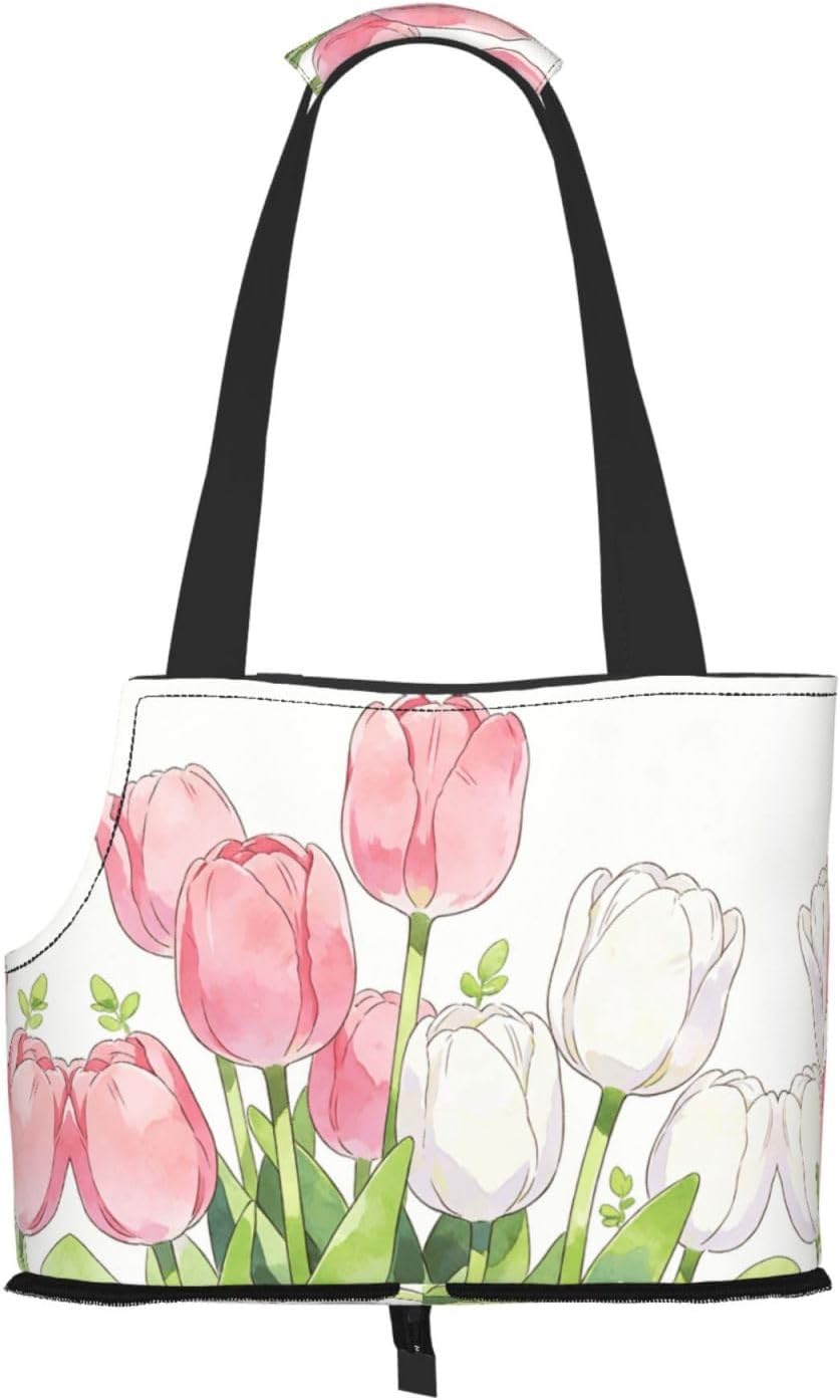 Pink & White Tulips Bouquet Print Dog Purse Carrier for Small Dogs and Cats | Breathable Pet Carrier Bag & Portable Dog Travel Bag For Small Puppy Handbag, Secure Pet Purse For Outdoor Walking
