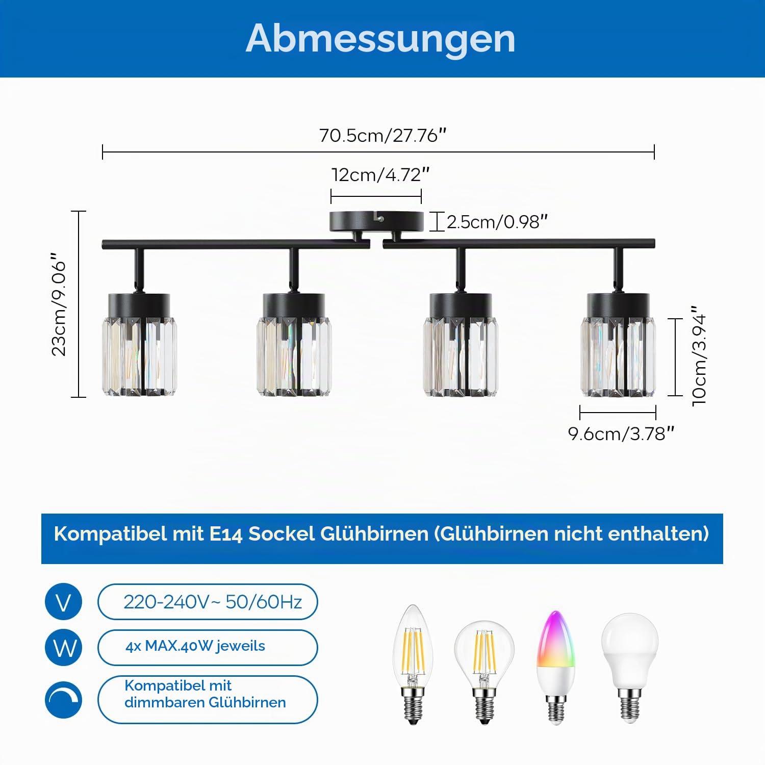 ANWIO Kristall Deckenleuchte 4-flammig Schwarz – Schwenkbarer Kronleuchter & Deckenstrahler aus Prismen-Glas, mit Regenbogen-Effekt, E14 Fassung für Wohnzimmer, Esszimmer & Flur (Ohne Leuchtmittel)