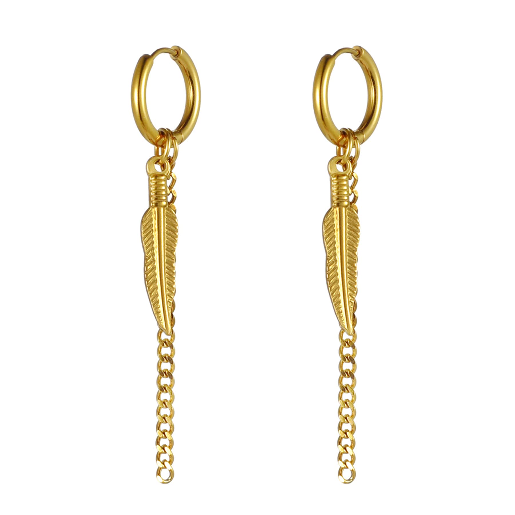 JewelryWe Pendientes de aro con hoja de pluma y cadena larga, colgante de acero inoxidable, pendientes colgantes Huggie Ohrstecker regalos para hombre mujer negro/oro/plata, acero inoxidable