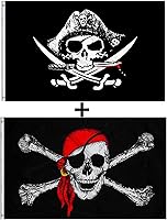 Vista 1 de GAKA Banderas piratas de 3 x 5 pies con cruz y bandera Jolly Roger (bufanda roja), paquete de 2