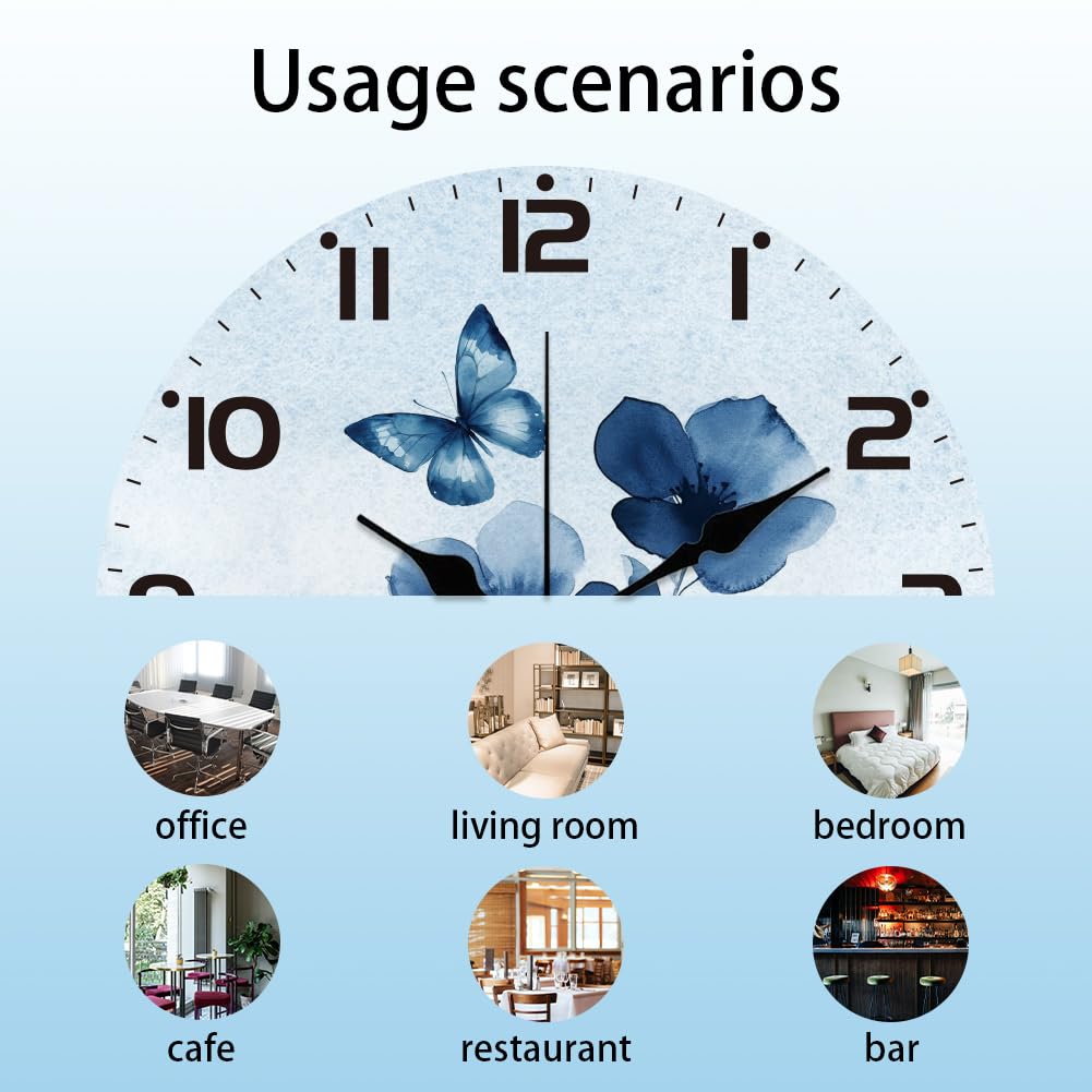 CHGCRAFT Reloj de pared con diseño de flores degradadas azules de 12 pulgadas, funciona con pilas, silencioso, sin tictac, diseño de mariposas, reloj decorativo redondo para oficina, hogar, sala de