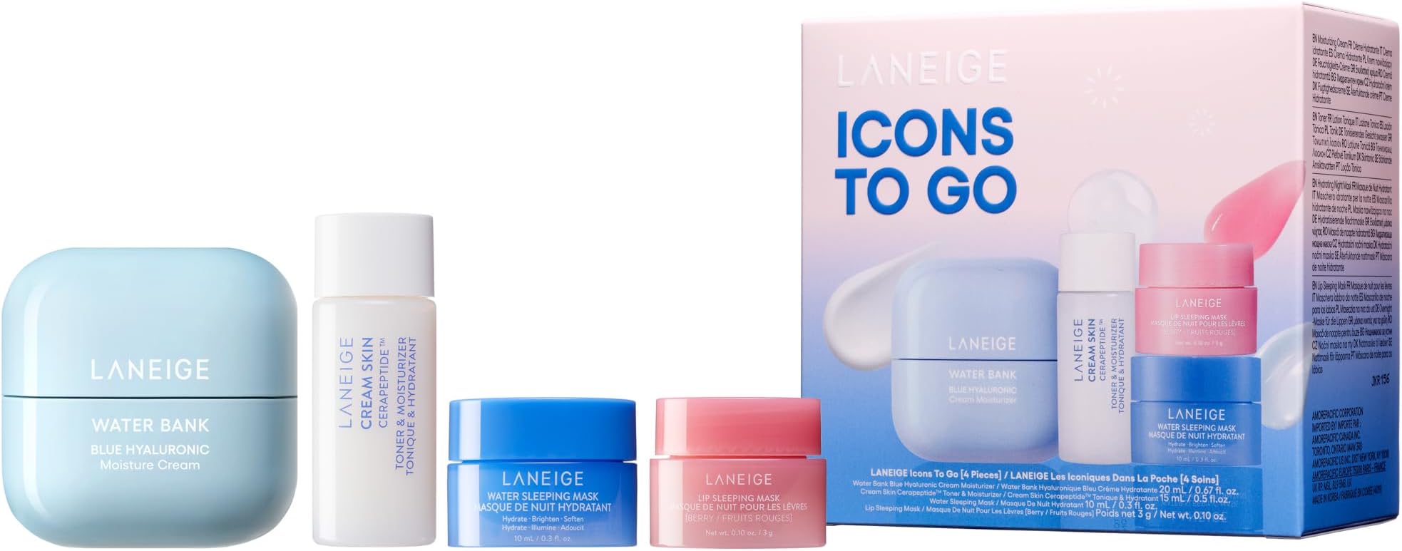 Icons To Go Set: Cream Skin, Water Bank Cream, Lip Sleeping Mask, Water Sleeping Mask, Travel Size, Full Size, Hydrate, Barrier-Boosting