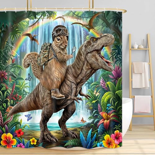 Image of Funny Squirrel Riding Dinosaur Shower Curtain, Tropical Jungle Rainforest Safari Animal Bathroom Curtain for Kids Boys Men, Waterproof Fabric Bath Curtain with 12 Hooks, 60X70 Inches