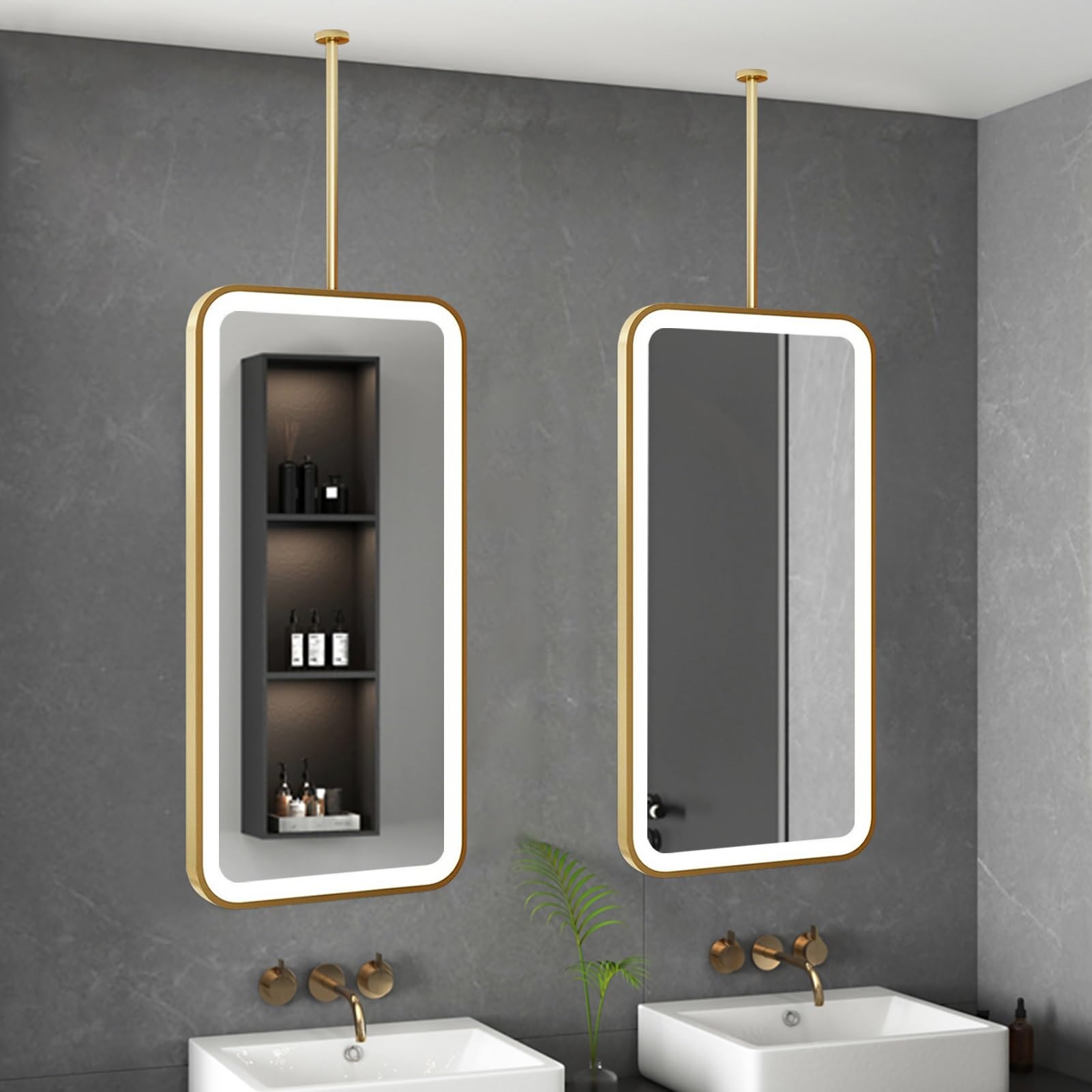FGXHHS Gold Hanging Mirror for Shaving, Rectangle Wall-Mounted LED with 3 Colors Lighting, Modern Illuminated Makeup Touch Control Bathroom(50cmx60cm)