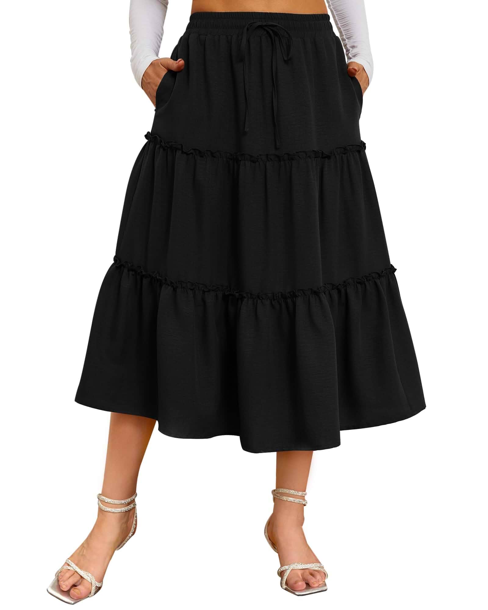 Women's Tiered Midi Skirt Flowy Boho Casual Skirt with Pocket Built-in Liner Ruffle Skirt Elastic High Waist A Line Skirts for Beach Work Business Casual Trendy Dressy Outfits
