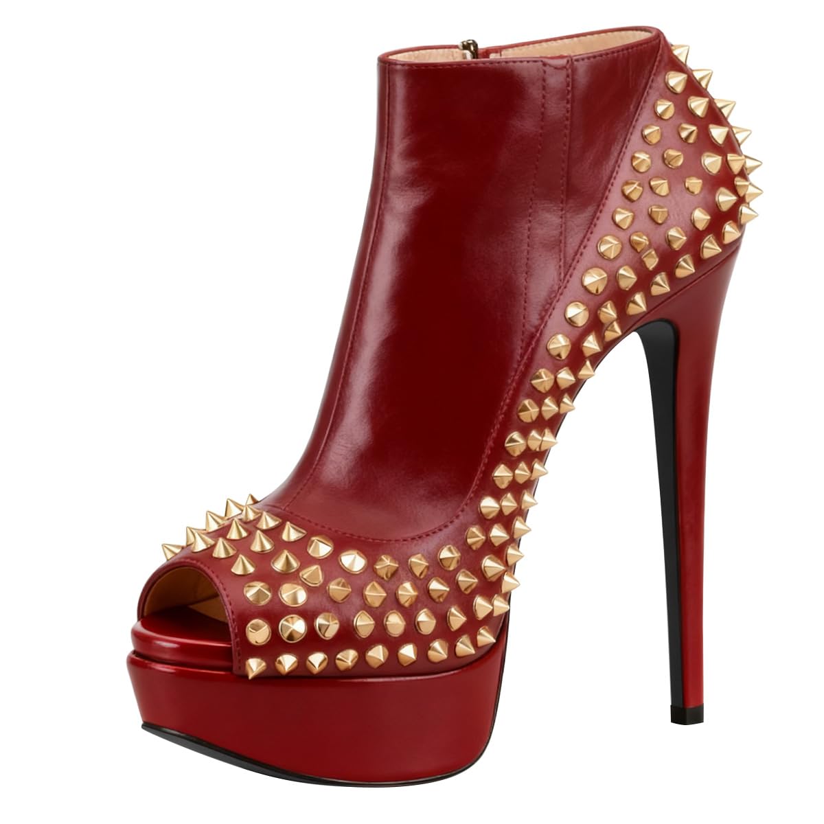 FSJ Women Peep Toe Spiked Platform Ankle Boots Stiletto High Heel Studded Rivet Side Zipper Booties Punk Themed