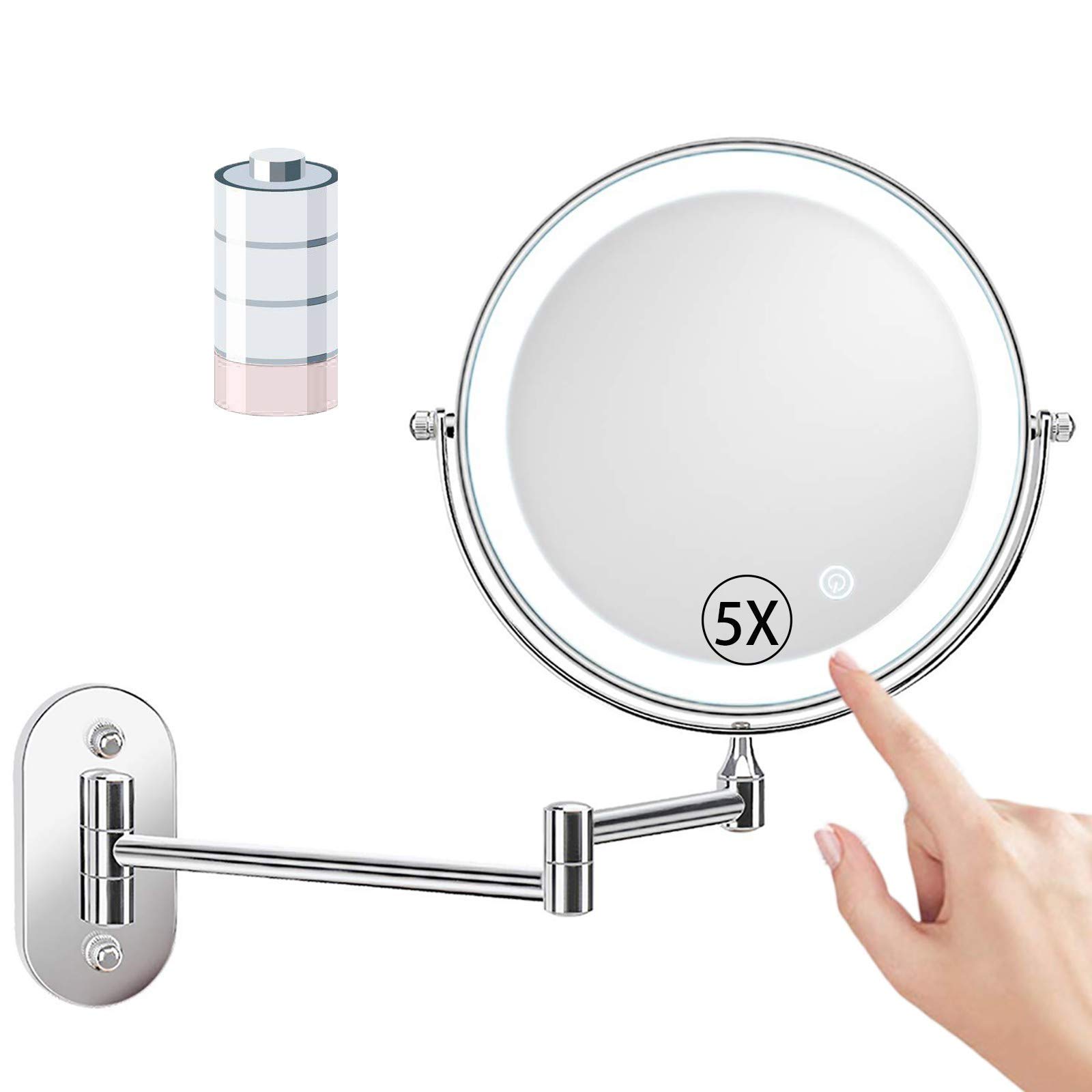 CFGJerWR Wall-mounted cosmetic mirror, Makeup Mirror with 5X Magnification - 3 Color Settings, 360° Swivel & Extendable, Battery Operated(Polished Chrome)