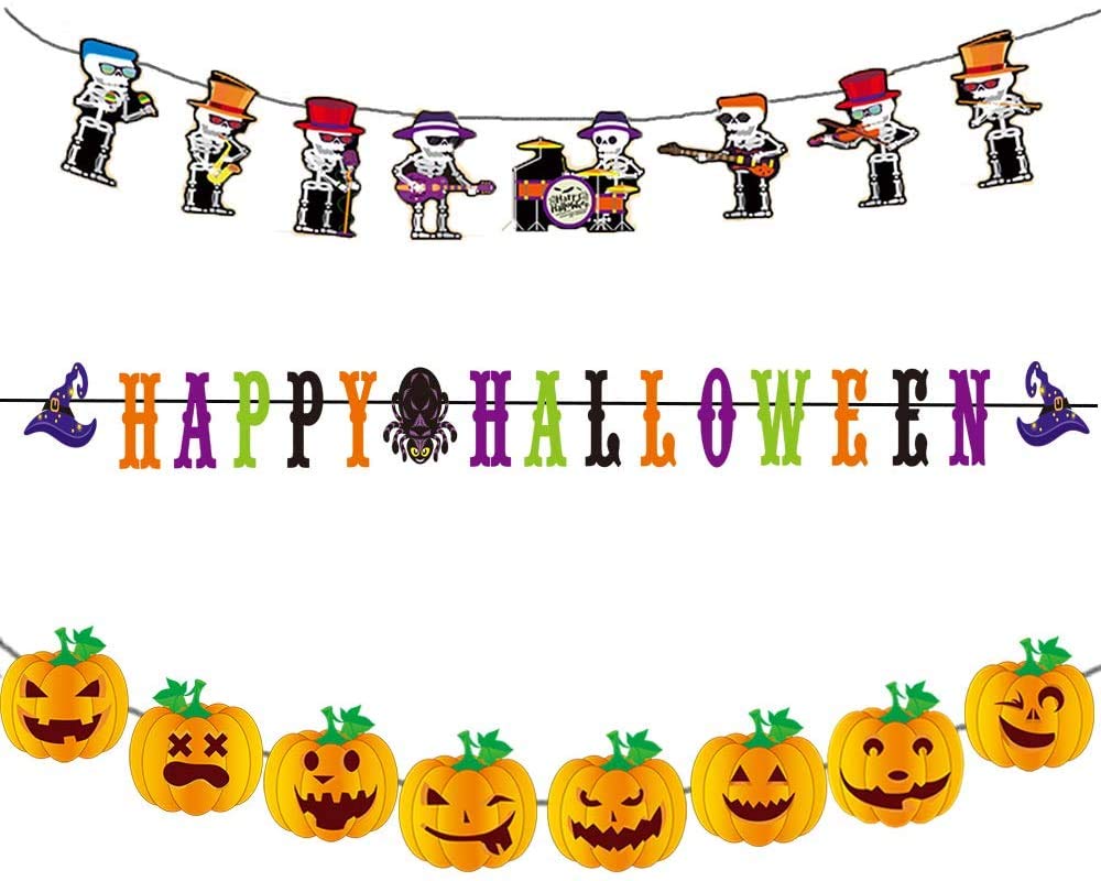 N/P 3 Pack Halloween Banner Set Doule Printing Hanging Flag Happy Halloween Bunting Colorful Letter Pennants String Triangle Flags Theme Party Window Decoration Supplies Indoor Outdoor(Pack A)