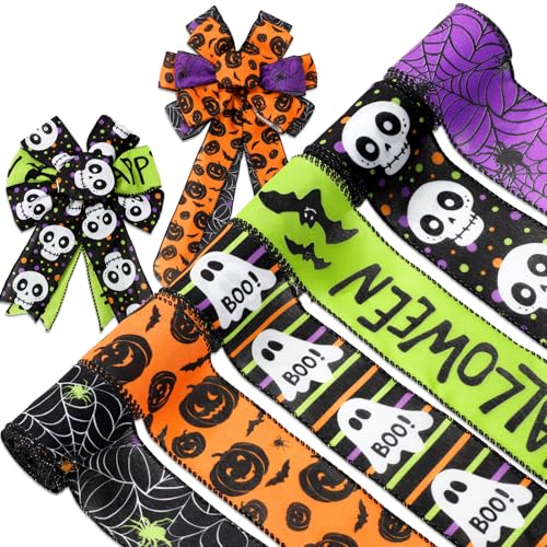 Whaline 6 Roll Happy Halloween Wired Edge Ribbon Ghost Boo Pumpkin Skull Spider Ribbon Colored Fabric Ribbons for Wreath Bow Making DIY Crafts Wrapping 30 Yard