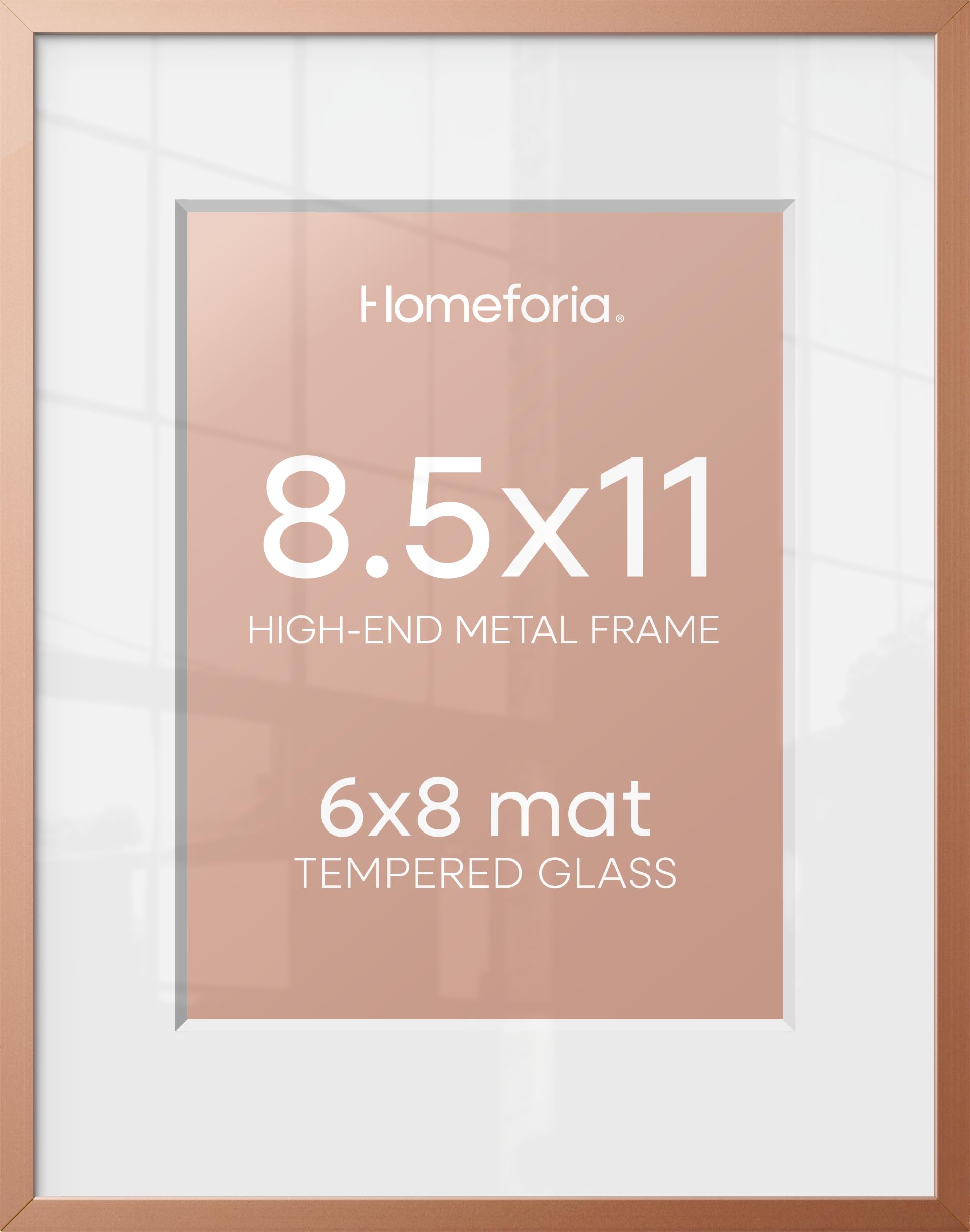Homeforia 8.5x11 Rose Picture Frame, High-End Metal, 6x8 Mat, Glass | High End Aluminum, Tempered Glass, Acid-Free 6x8 Removable Mat, 8.5x11 in Edge-to-Edge Display 11x8.5, Wall Kit, Set Of 1