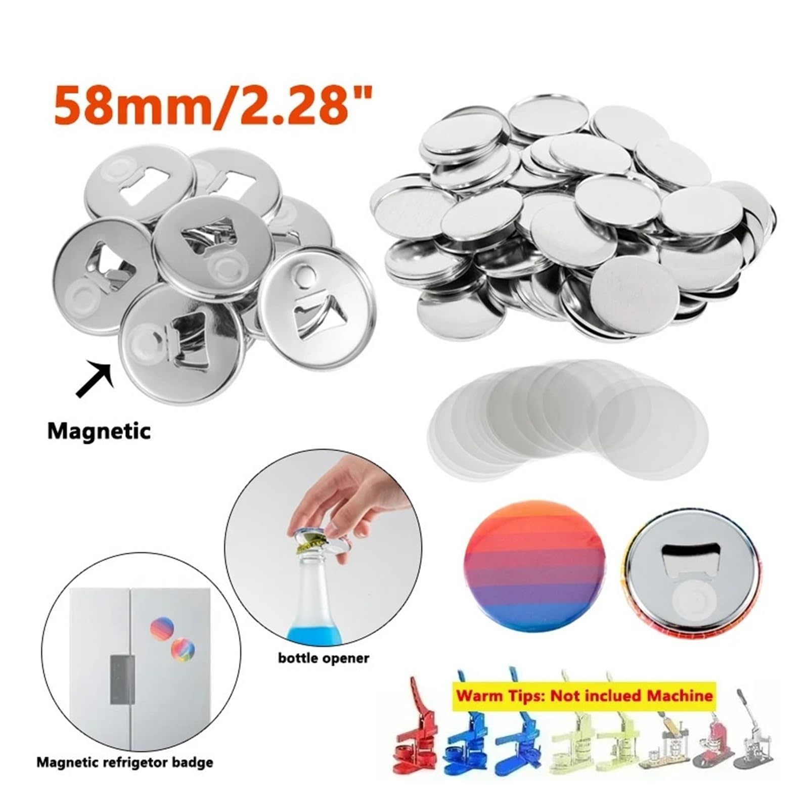 100 Piezas Repuestos DIY Abrebotellas Magnético 58mm, Material Redondo para Máquina Fabricar Insignias y Pines