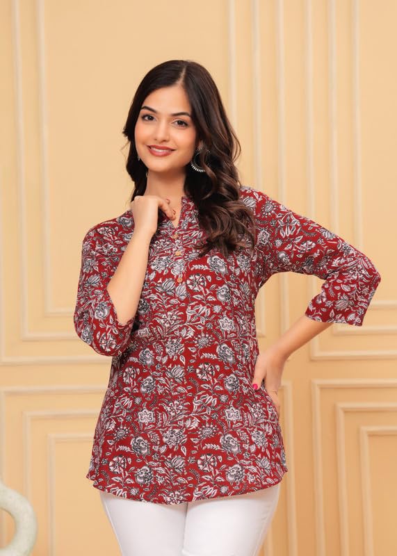 Image of Women's Cotton Printed Kurta Top | 3 /4 Sleeve Straight Kurti Casual Outings