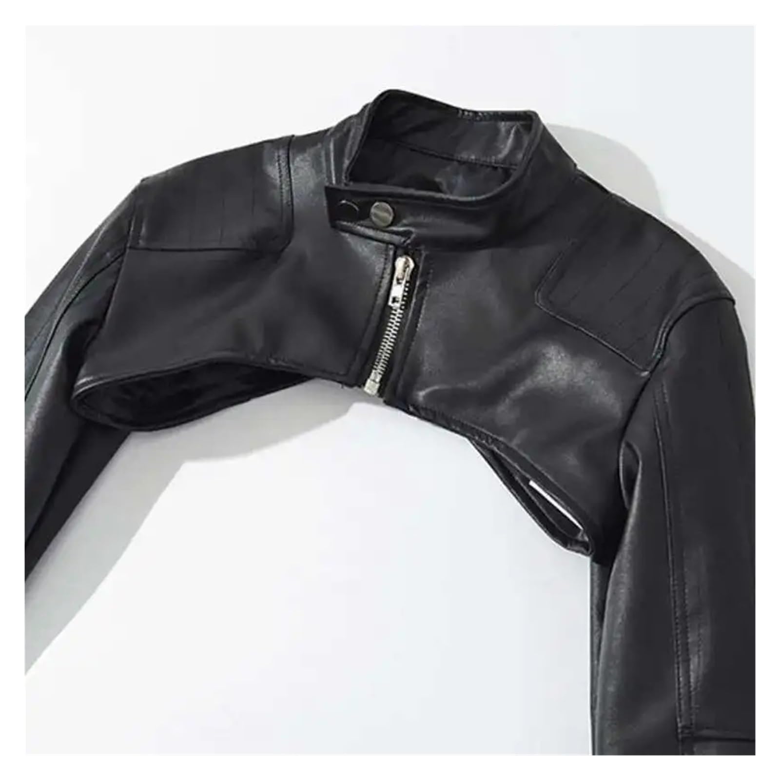 Veste Foncée Courte Zippée À Col Montant En Cuir PU