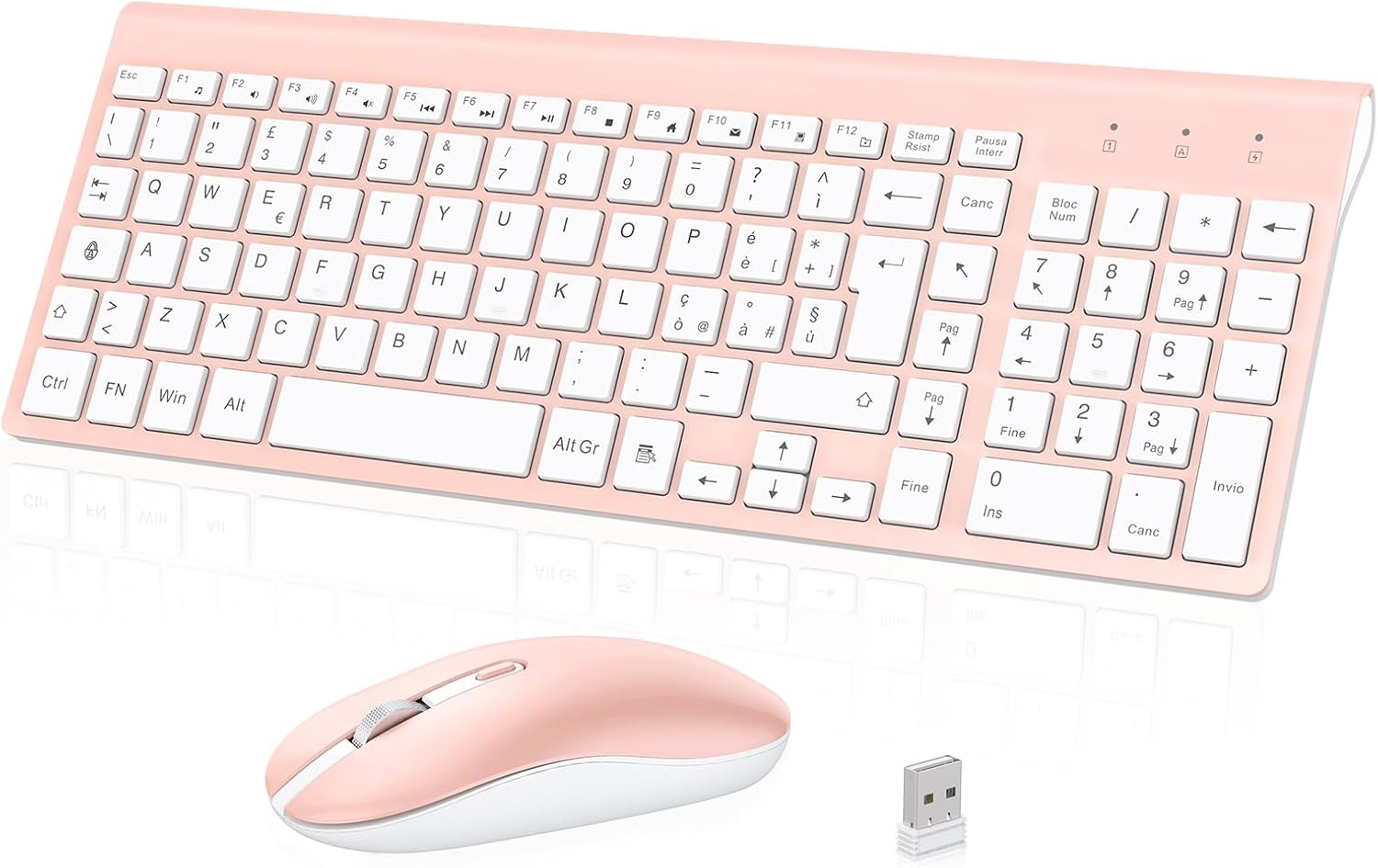 Tastiera e Mouse Wireless, Layout Italiano QWERTY, cimetech Ultra-Sottile ‎Ergonomico Full-Size 2.4Ghz con Ricevitore Nano per PC/Laptop/Win7/Win8/Win10（Rosa）