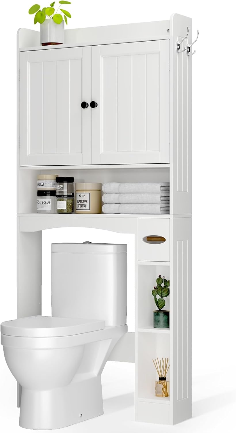 Ahomly Over The Toilet Storage Cabinet, 32.3" W Over Toilet Bathroom Organizer with Doors, Adjustable Shelves, Toilet Paper Holder, 2 Side Hooks, Space-Saver for Bathroom, Laundry, White - Image 9