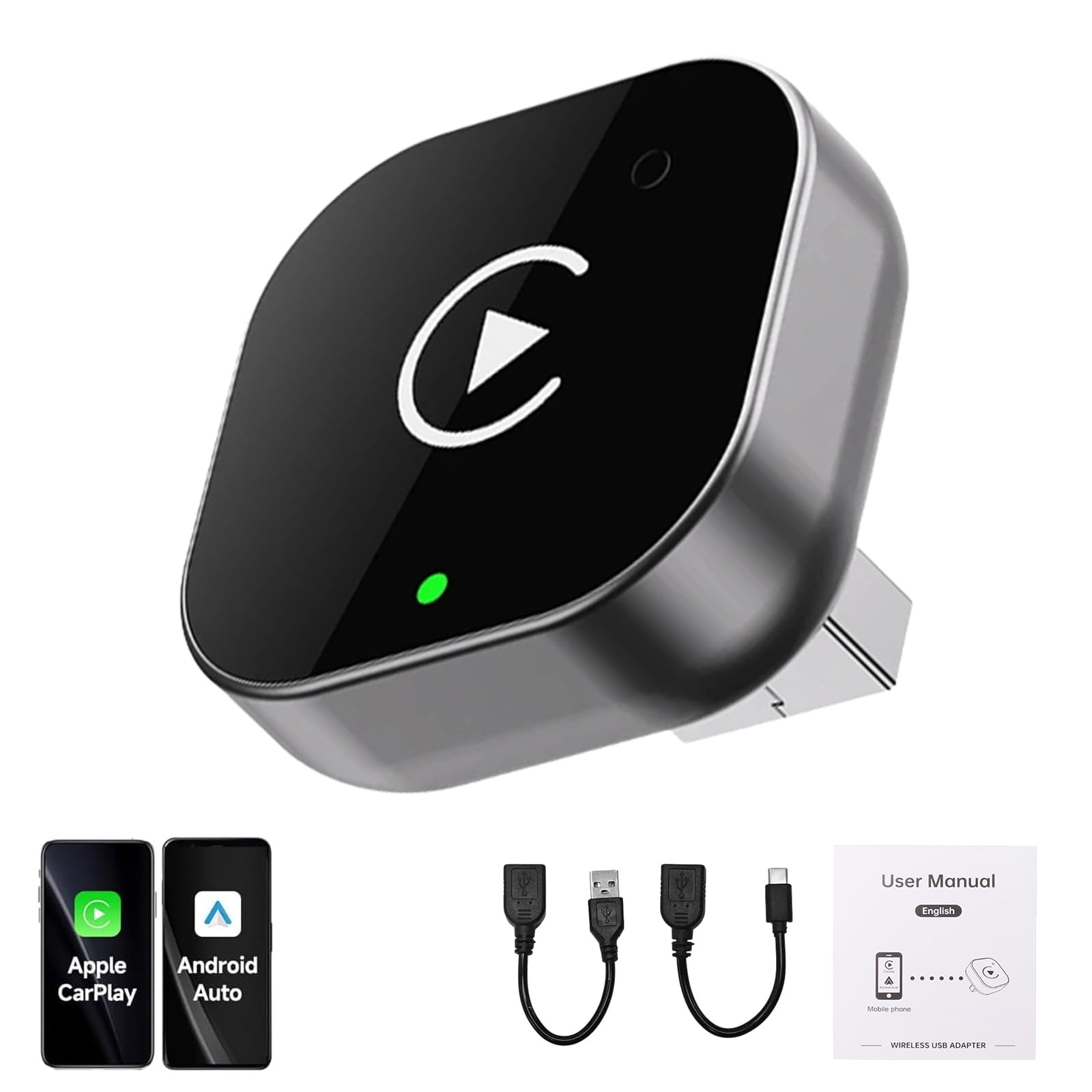 Mini Adaptador Carplay Android 2 en 1 Inalámbrico para iPhone/Android Plug and Play Convierte de Cableado a Inalámbrico Adaptador Car Play Compatible con iPhone iOS 10+