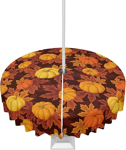 Manteles de Acción de Gracias para exteriores con agujero para sombrilla y cremallera, hojas de arce de calabaza, naranja, amarillo, marrón,