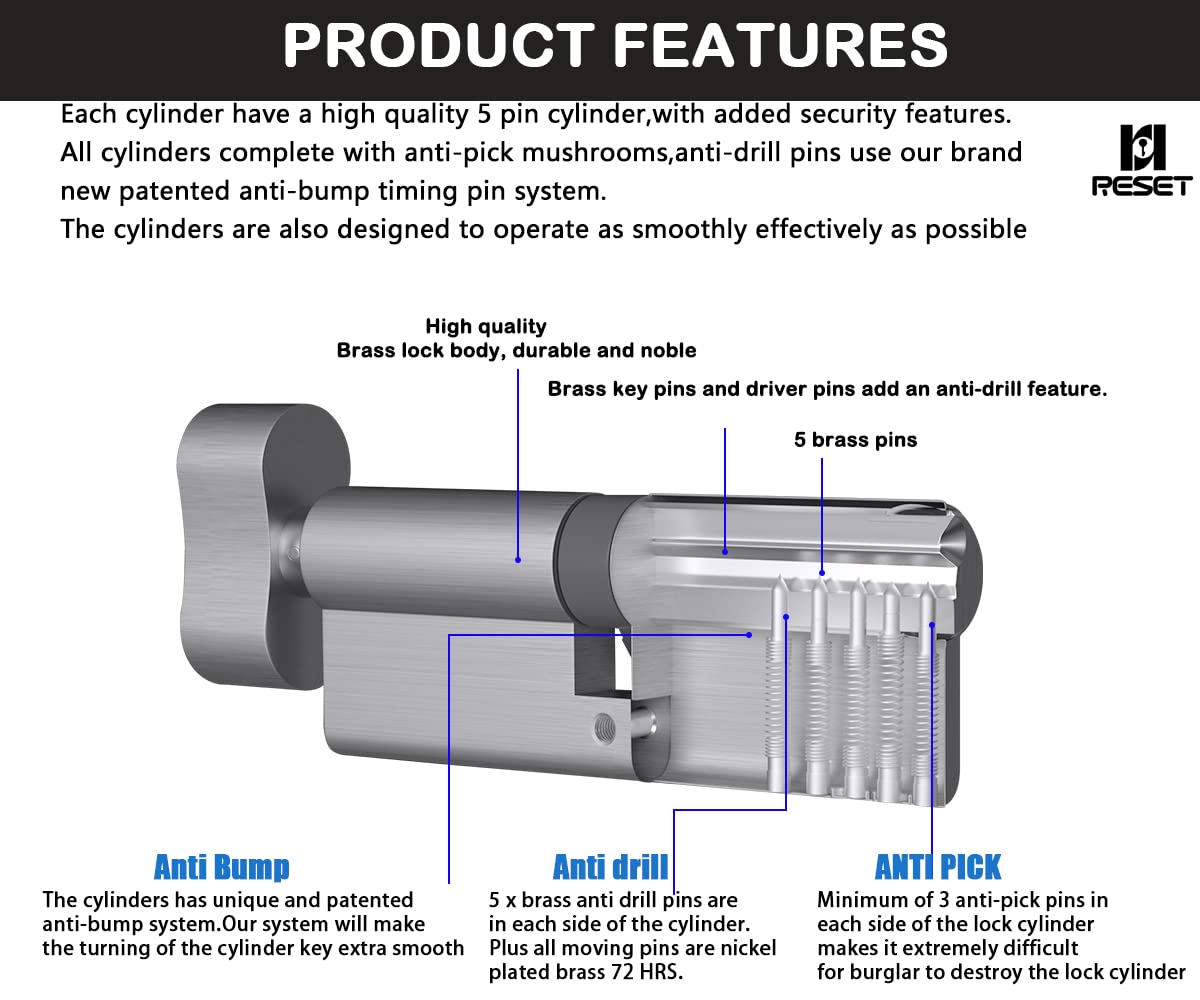 RESET-50/50T Thumb Turn Euro Lock Cylinder(100mm),Euro Door Barrel Lock with 3 Keys,Anti-Bump,Anti-Drill,Anti-Pick Door Lock with Key,High Security for Wooden,UPVC and Composite Doors,Brass,Chrome - Image 3
