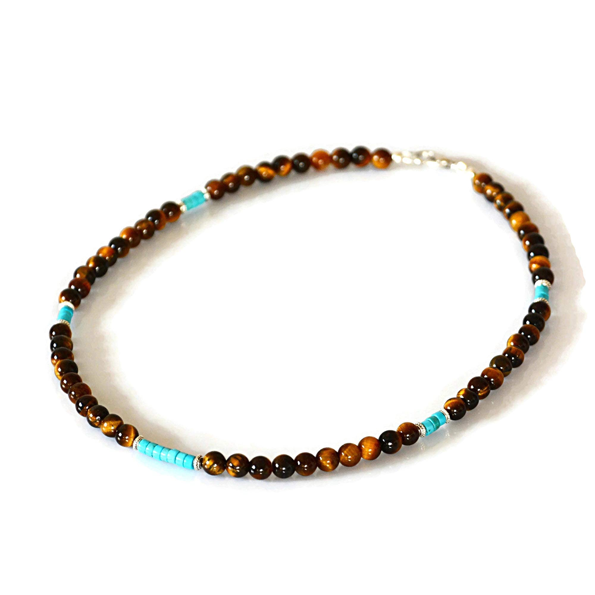 Native American Inspired Surfer Handmade Beaded Necklace Turquoise and Tiger Eye Natural Stone Choker for Men about 19 inches long