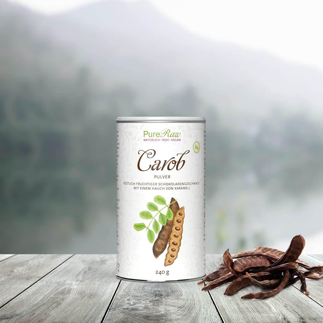Carobpulver Bio Vegan - Natürliche Süße, Ballaststoffreich, reich an Mineralien, Koffeinfrei - Kakao Alternative für Trinkschokolade ohne Zucker - Johannisbrot Pulver Bio, Carob Powder I PureRaw 240g