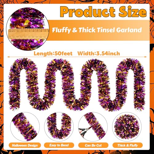 Image of 50 FT Halloween Tinsel Garland, Orange Purple Black Glitter Tinsel Garlands, Metallic Holiday Hanging Streamers for Halloween Party Supplies Indoor Outdoor Decoration