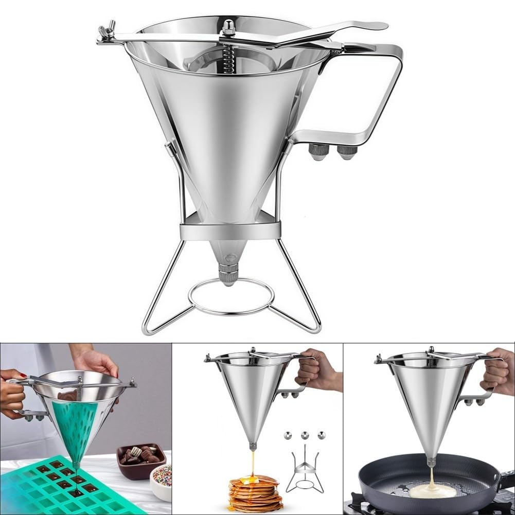 Entonnoir distributeur de pâte à crêpes en acier inoxydable avec volume de 1800 ml, plusieurs tailles de buse et système de valve facile pour verser la pâte à crêpes