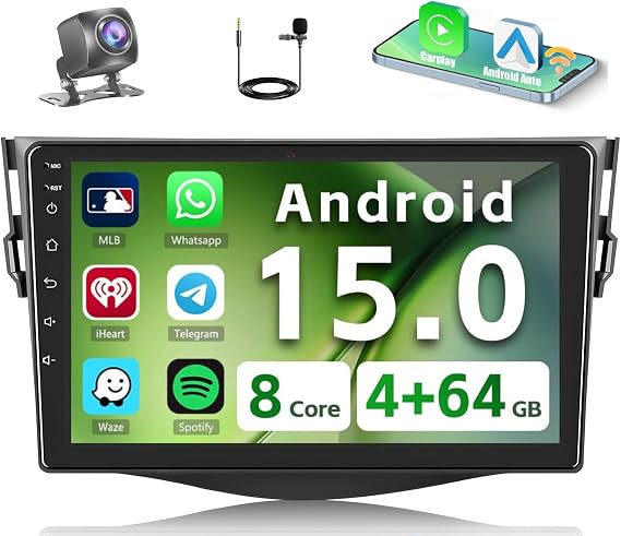 8-Core 4+64G 9'' Android 15 Car Stereo for Toyota RAV4 2007-2012 | Touchscreen Wireless Carplay Android Auto Bluetooth 5G WiFi 32EQ/DSP/FM/RDS GPS SWC 59UI 1280P Backup Cam Mic