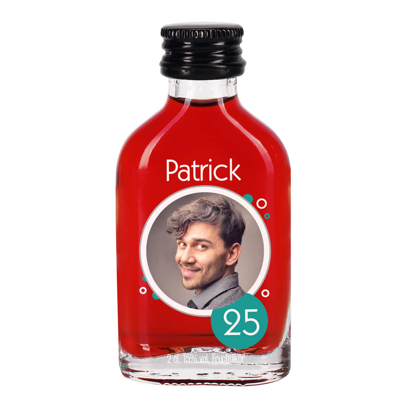 Herz & Heim® Personalisierter Schnaps mit Foto zum Geburtstag – Mini-Flasche Likör als Geburtstagsschnaps – 2 cl Fruchtlikör oder Kräuterlikör mit Bild, Name & Alter – Geschenkidee (Fruchtlikör)