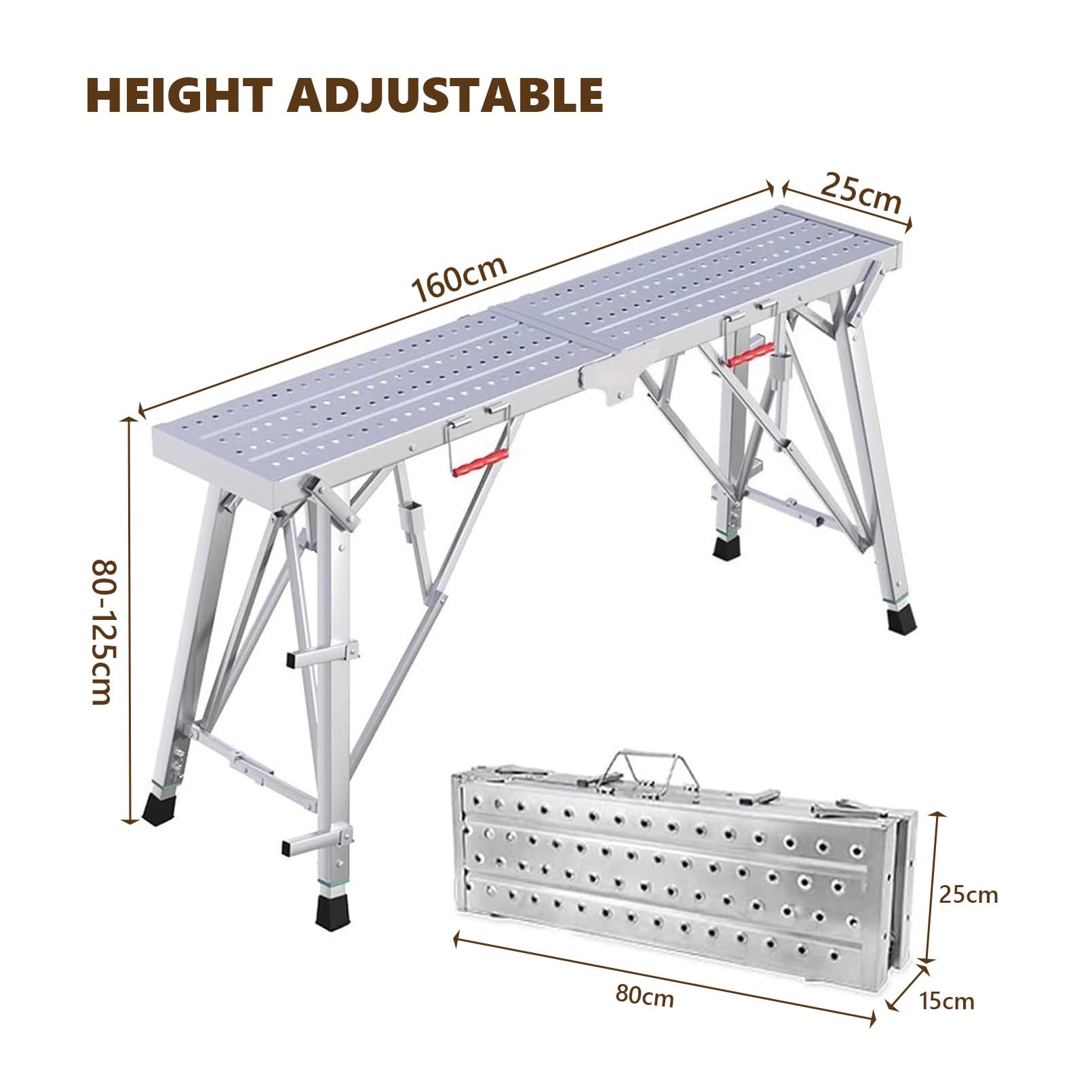 Piattaforma per ponteggi in acciaio resistente, piattaforma di lavoro pieghevole con altezza regolabile, superficie antiscivolo, supporta 200 kg, ideale per casa, ufficio, officina e garage