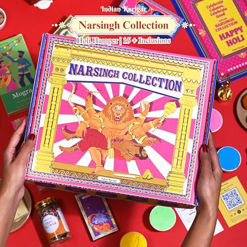 Image of Indian Karigar Narsingh Collection 2026 | 15 Inclusions | Holi Gulal for Holi Colour 160g | Thandai Powder + Eye Glasses + Truck Theme Tshirt & More | Organic Skin Safe Holi Colors With Certificate & Greeting Card | Holi Gift Hampers (Narsingh Collection Holi Gift Hamper)