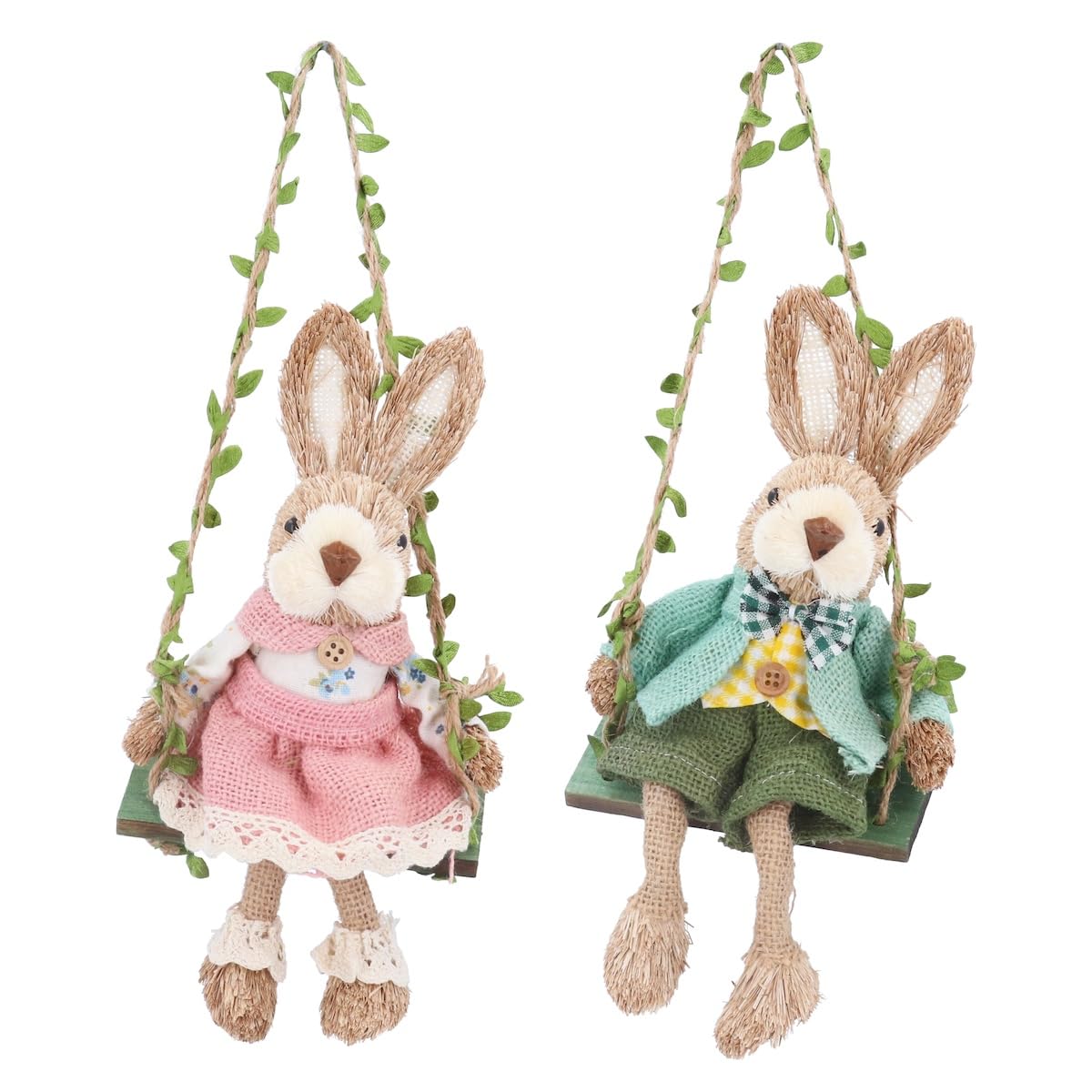 Gisela Graham Multicoloured Set Of 2 Bristle Rabbits On Swings Easter Decorations