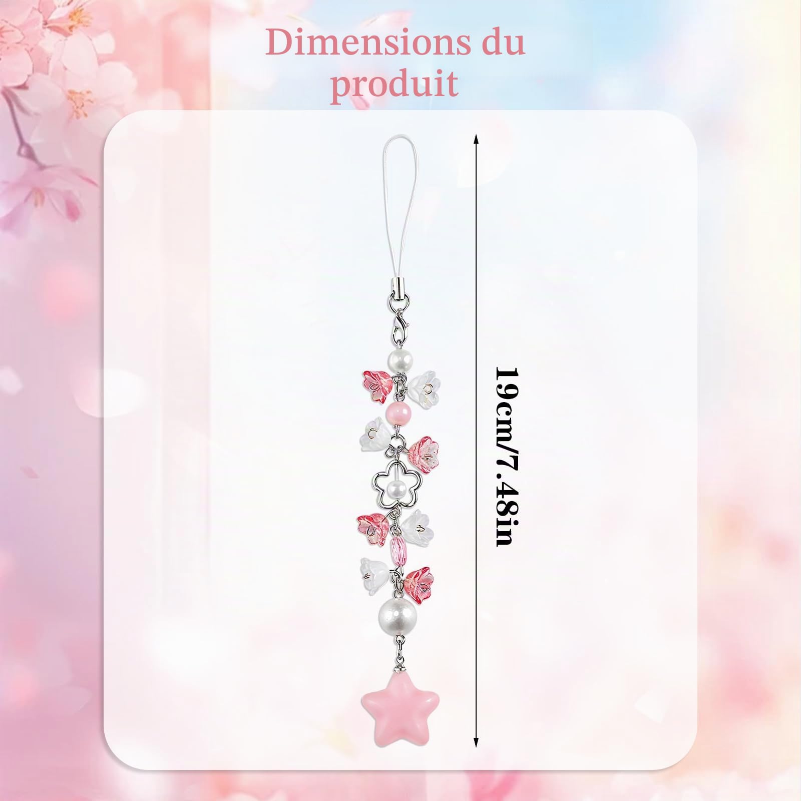 Mabor Pendentif téléphone portable rose fleurs étoiles Y2K dragonne porte-clés