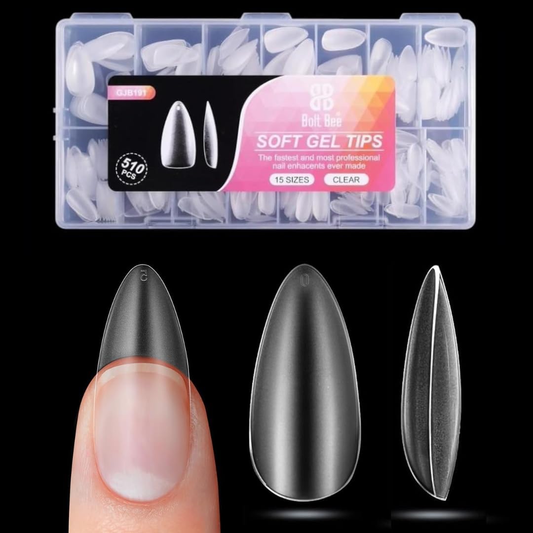 Bolt Bee Soft Gel Nail Tips, 510 Pieces, Full Matte Transparent, Pre-Buffed Extensions, 15 Sizes, Short Round, for Acrylic & Gel (Medium Almond)-picture-44