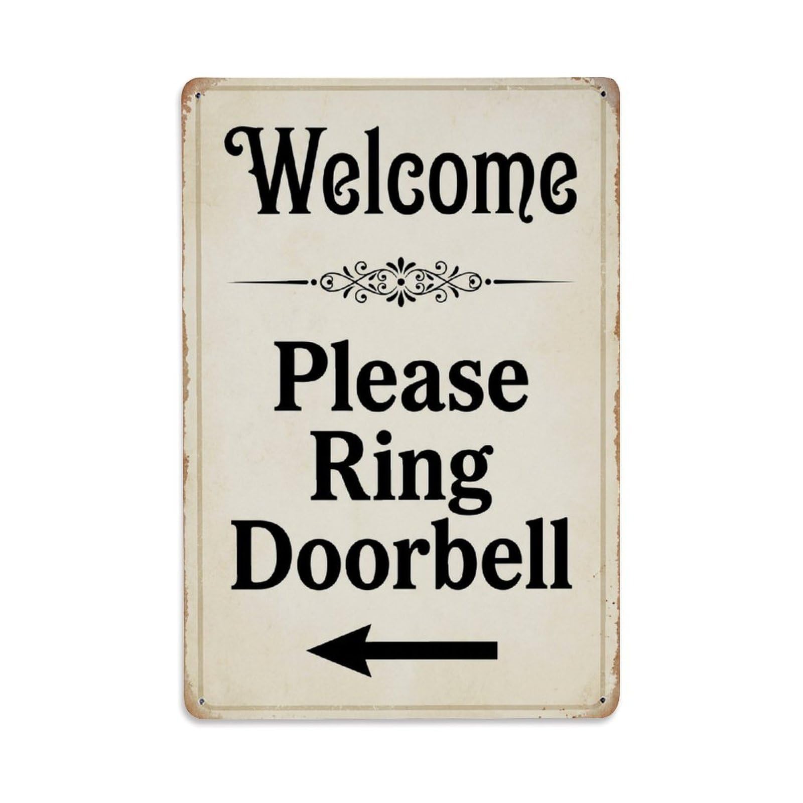 Metal Tin Sign Vintage Welcome Please Ring Doorbell Arrow Floral