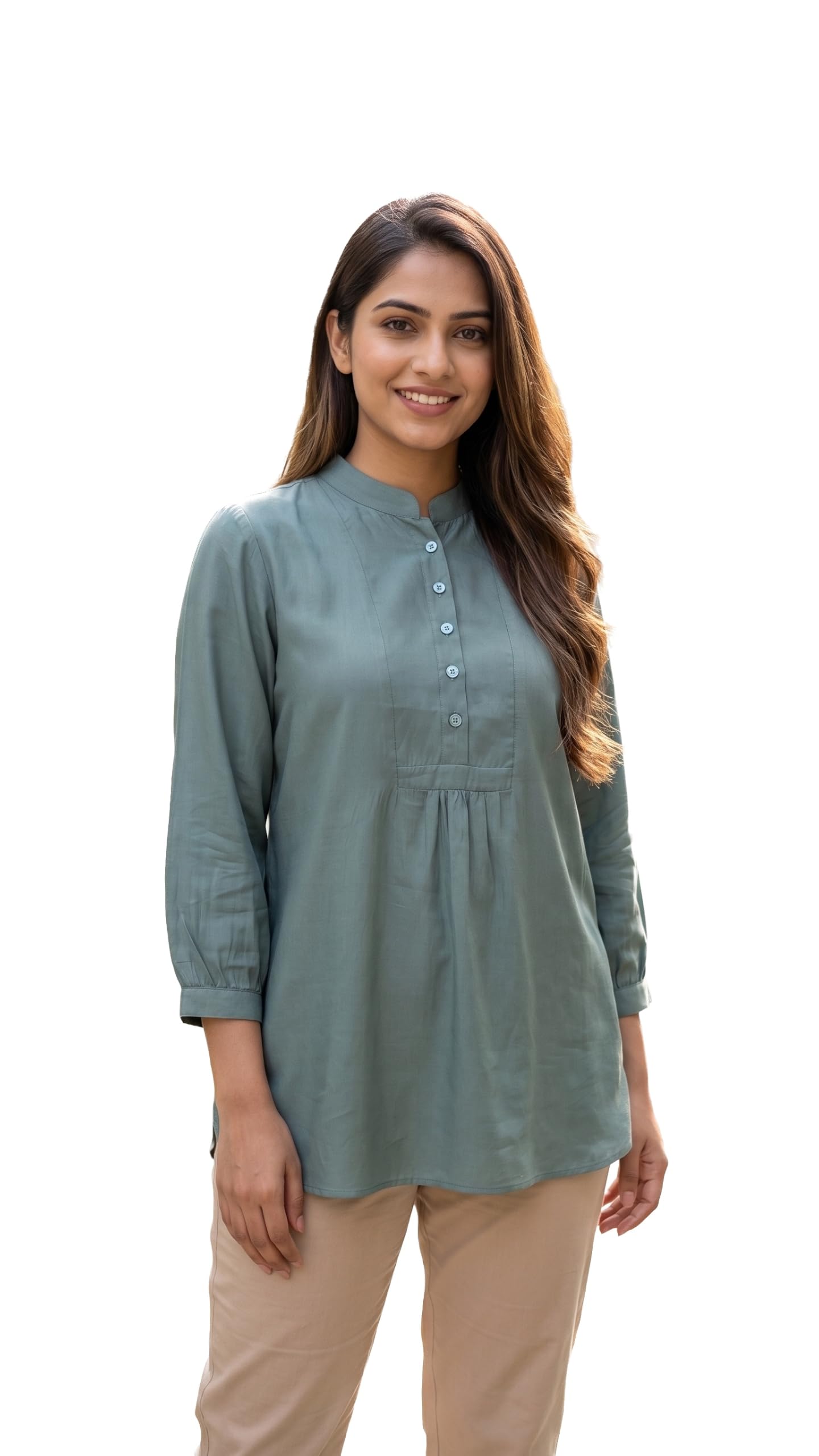 Women's Mandarin Collar Long Sleeve Tunic Top - Pleated Front Casual Henley Shirt-picture-27