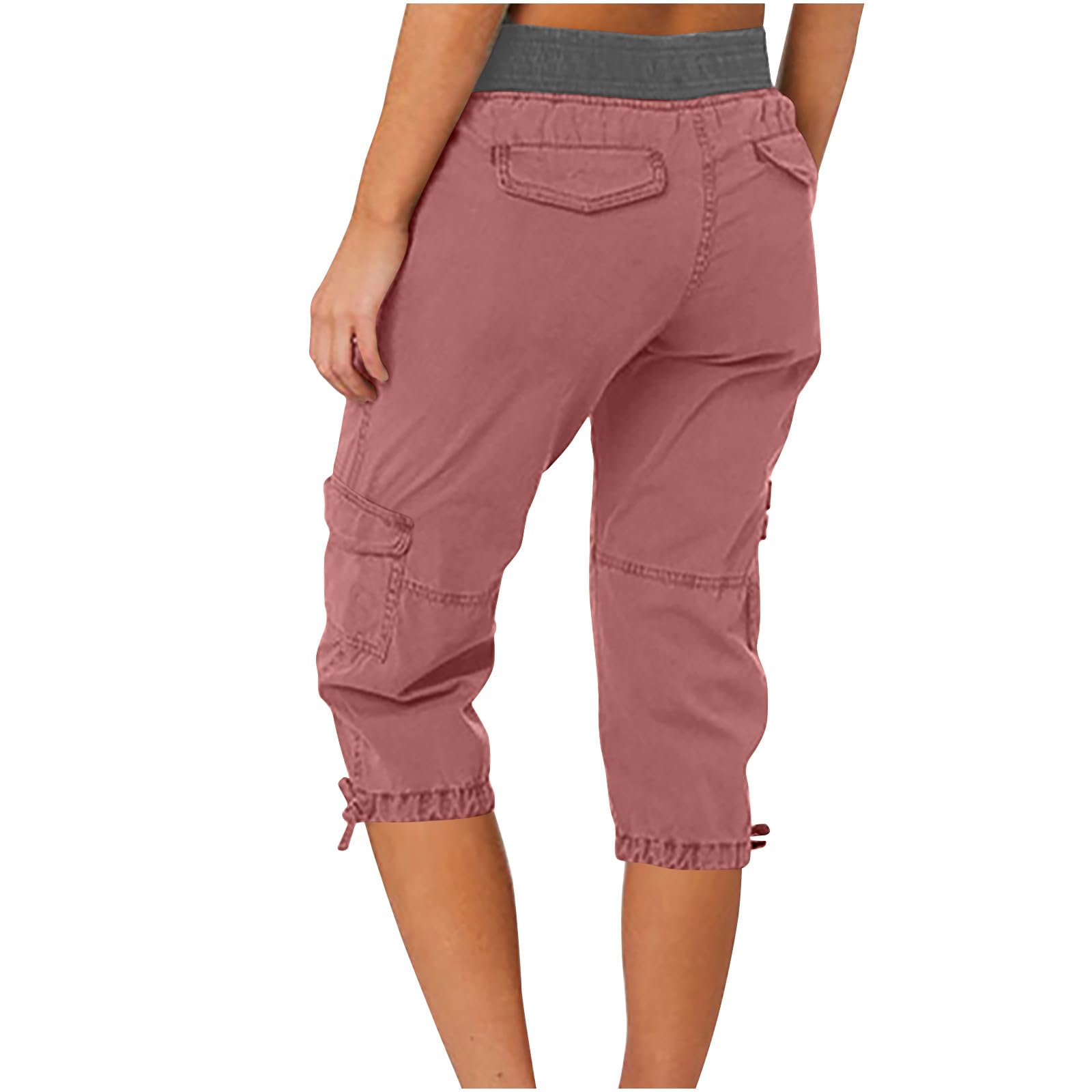Capris for Women Elastic High Waisted Cargo Cropped Pants Casual Loose Drawstring Hiking Running Athletic Shorts(#01 Watermelon Red,Medium)