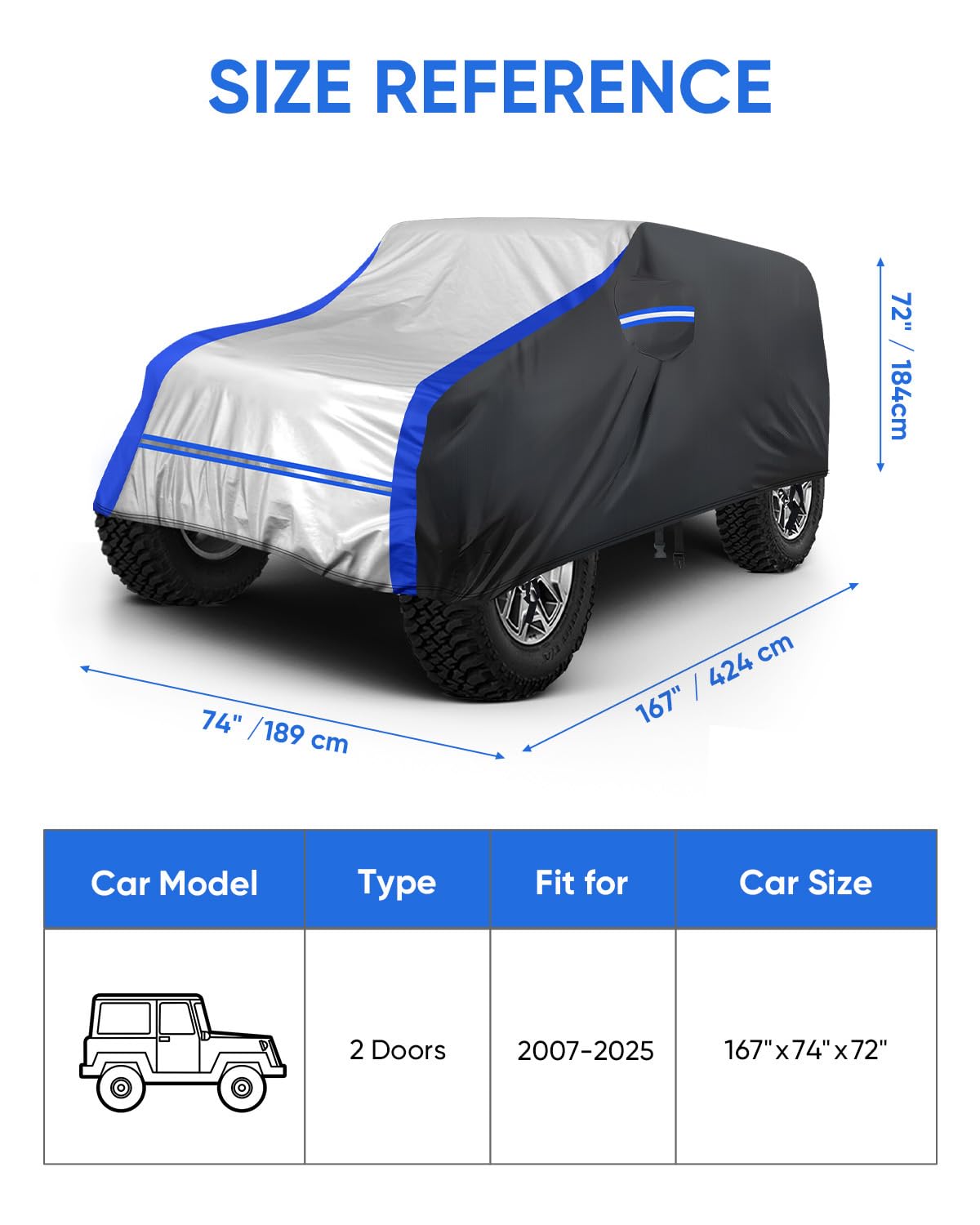 NOVSIGHT Car Cover for Jeep Wrangler 2 Door 2007 2025 JK JKU JL JLU Waterproof All Weather Outdoor — view 8