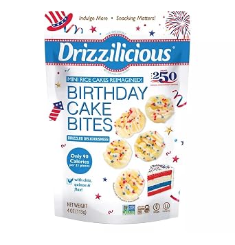 Drizzilicius Birthday Cake Mini Rice Cakes, White Chocolate Drizzled Snack, Gluten Free, Vegan, Non-GMO, Plant Based, Low Calorie Crunchy Snack, 4 Oz - Celebrate 250 Years of the USA
