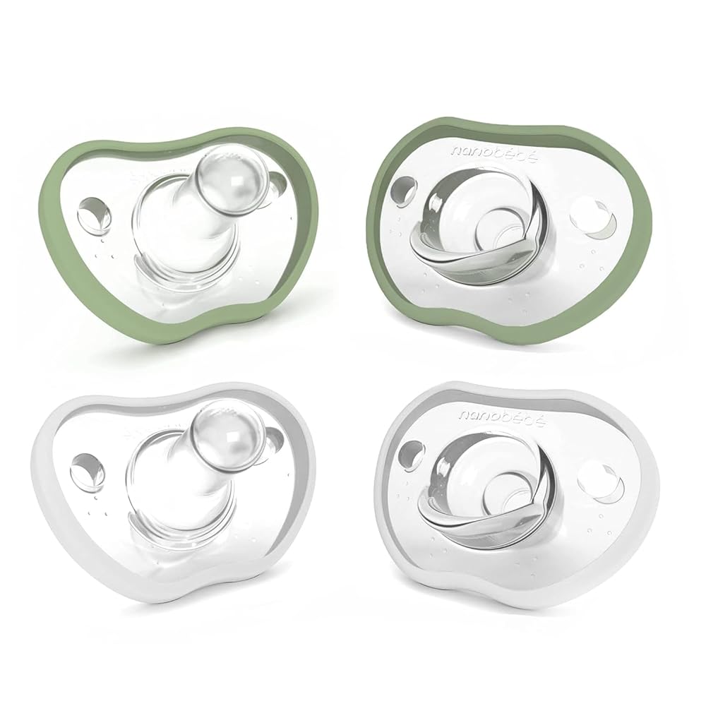 Nanobebe Baby Pacifiers 0-3 Month - Orthodontic, Curves Comfortably with Face Contour, Award Winning for Breastfeeding Babies, 100% Silicone, Baby Registry Gift 4pk, Sage/White