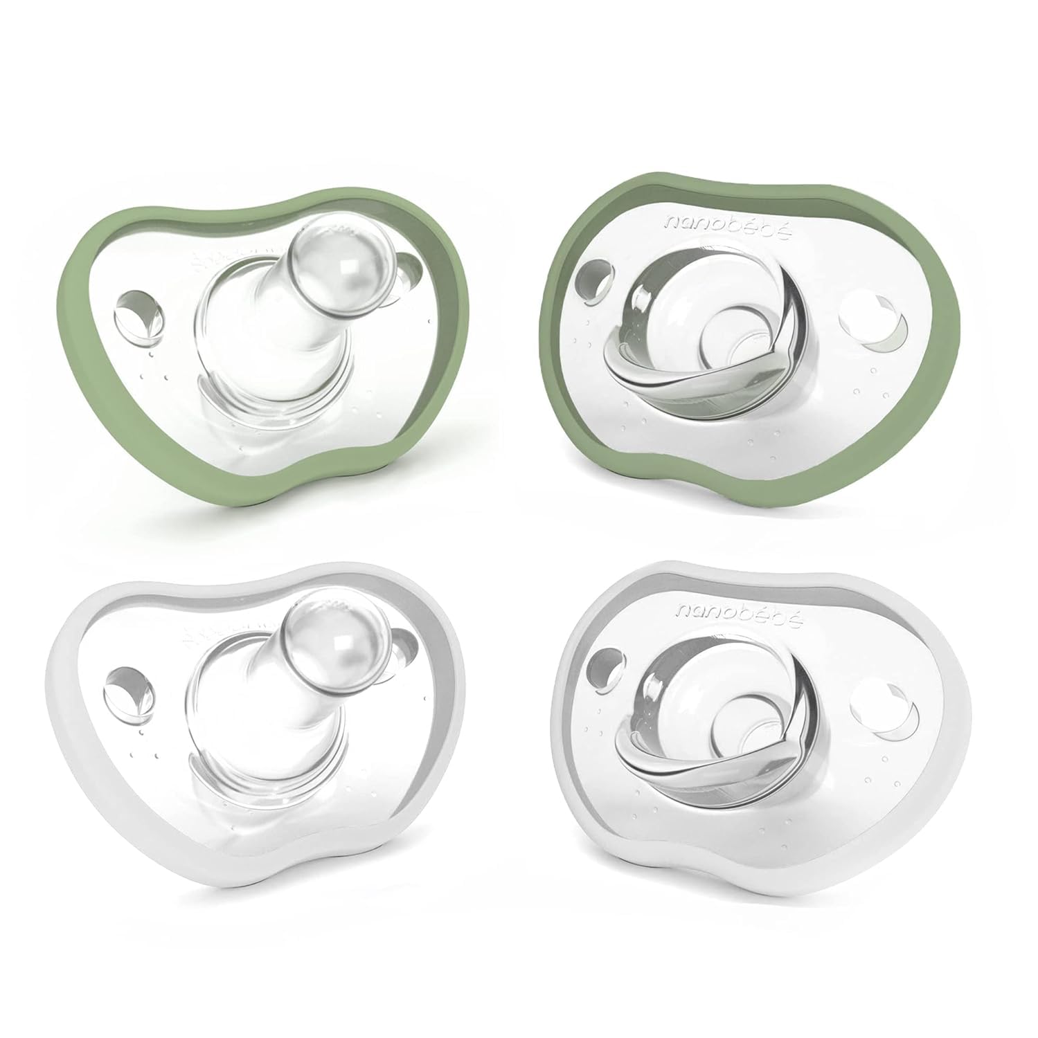 Nanobebe Baby Pacifiers 0-3 Month - Orthodontic, Curves Comfortably with Face Contour, Award Winning for Breastfeeding Babies, 100% Silicone, Baby Registry Gift 4pk, Sage/White