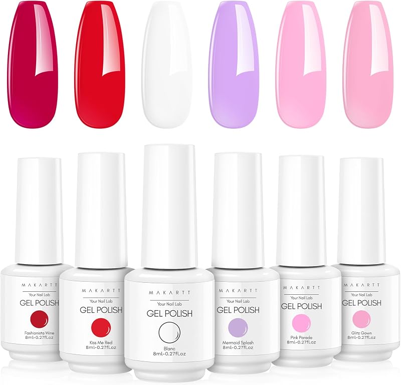 Set de esmalte de uñas de gel: kit de esmalte de gel rosa de 6 colores, blanco, rosa claro, rojo, morado, kit de iniciación UV de 8 ML para manicura y diseños de arte de uñas de salón